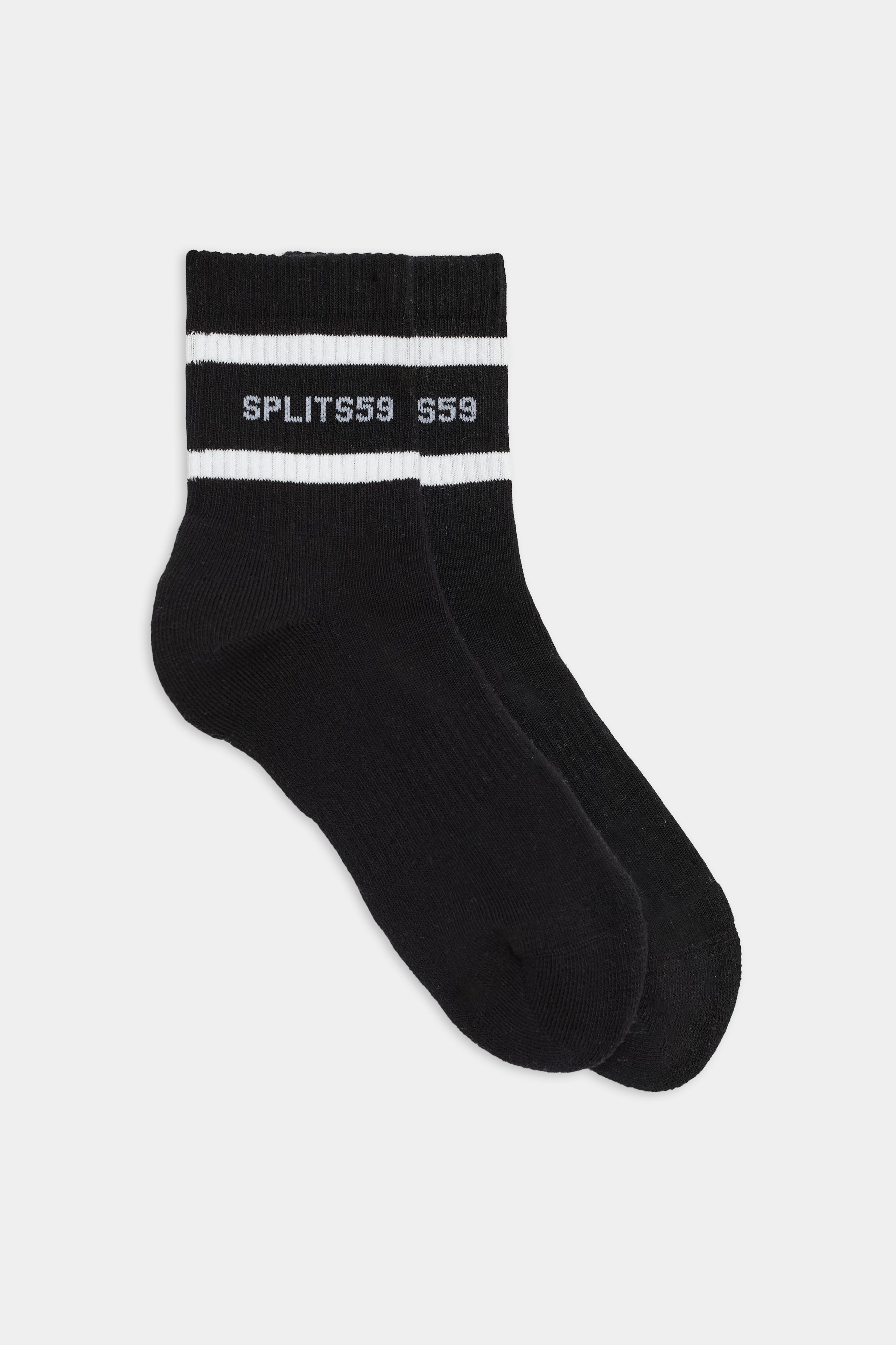 A pair of SPLITS59 Logo Stripe Quarter Socks in black with white bands and the text "splits59 s59" around the ribbed cuffs.