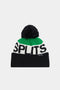 The SPLITS59 Winter Pom Pom Beanie - Black/Grass is made from 100% polyester, with a black pom-pom, green and white top, black lower section, and bold “SPLITS” lettering on the front.