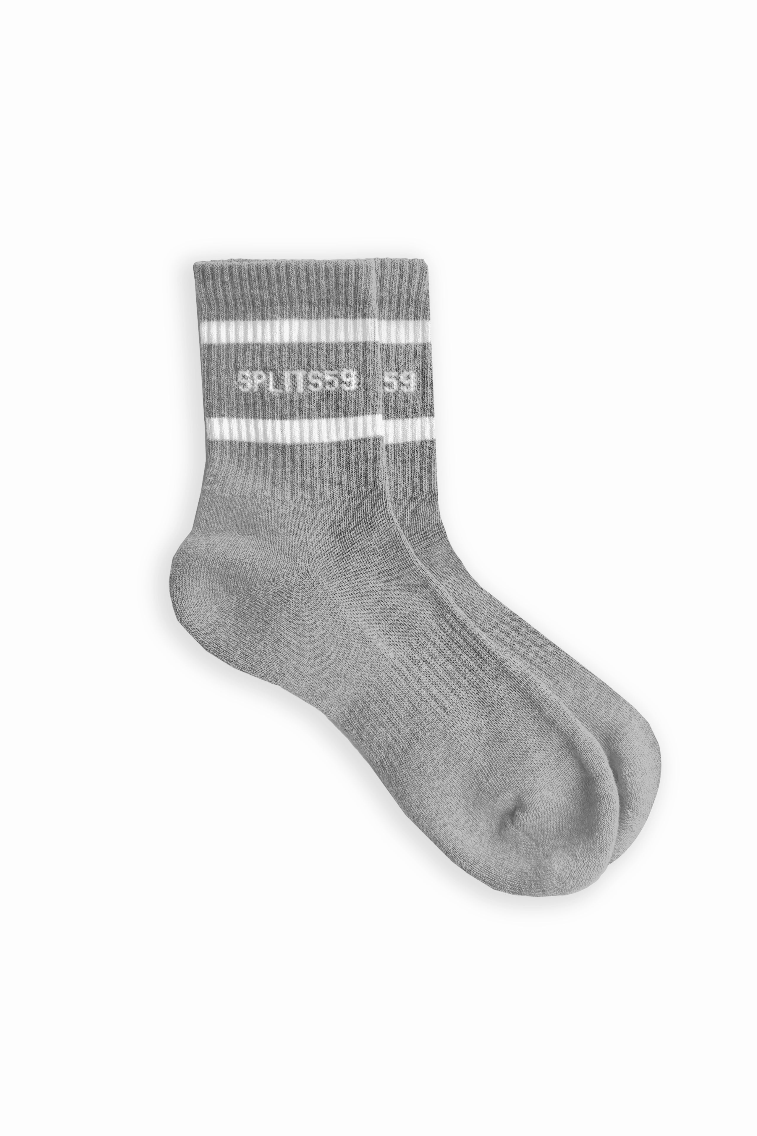 A pair of SPLITS59 Logo Stripe Quarter Socks in heather grey with white stripes and "SPLIT S9" text near the top, displayed flat on a white background.