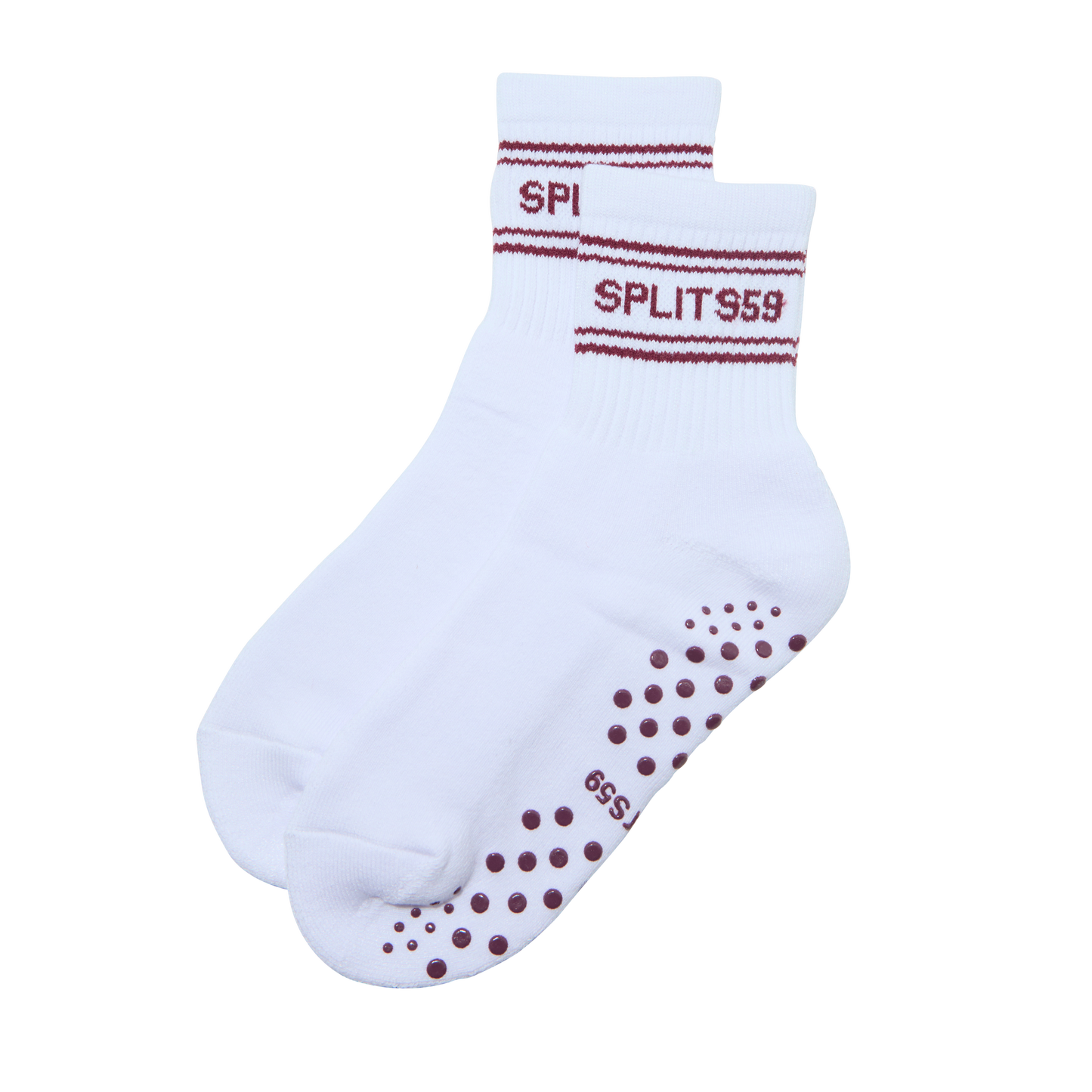The SPLITS59 Pilates Grip Sock in White/Burgundy features maroon “SPLITS59” text and stripes at the cuffs, plus maroon grip dots and an “S59” logo on the soles.
