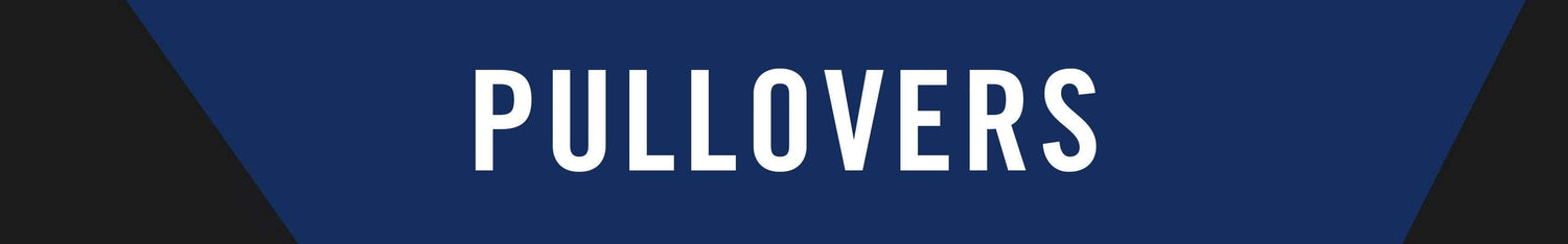 A navy blue sign with the word "PULLOVERS" in large white capital letters.