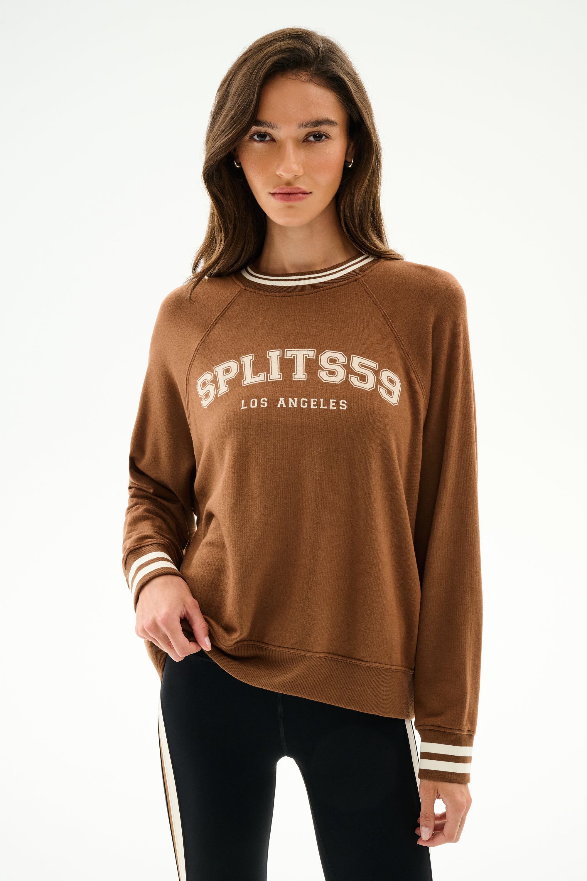 Andie Oversized Fleece Varsity Stripe Sweatshirt - Toffee/Splits59