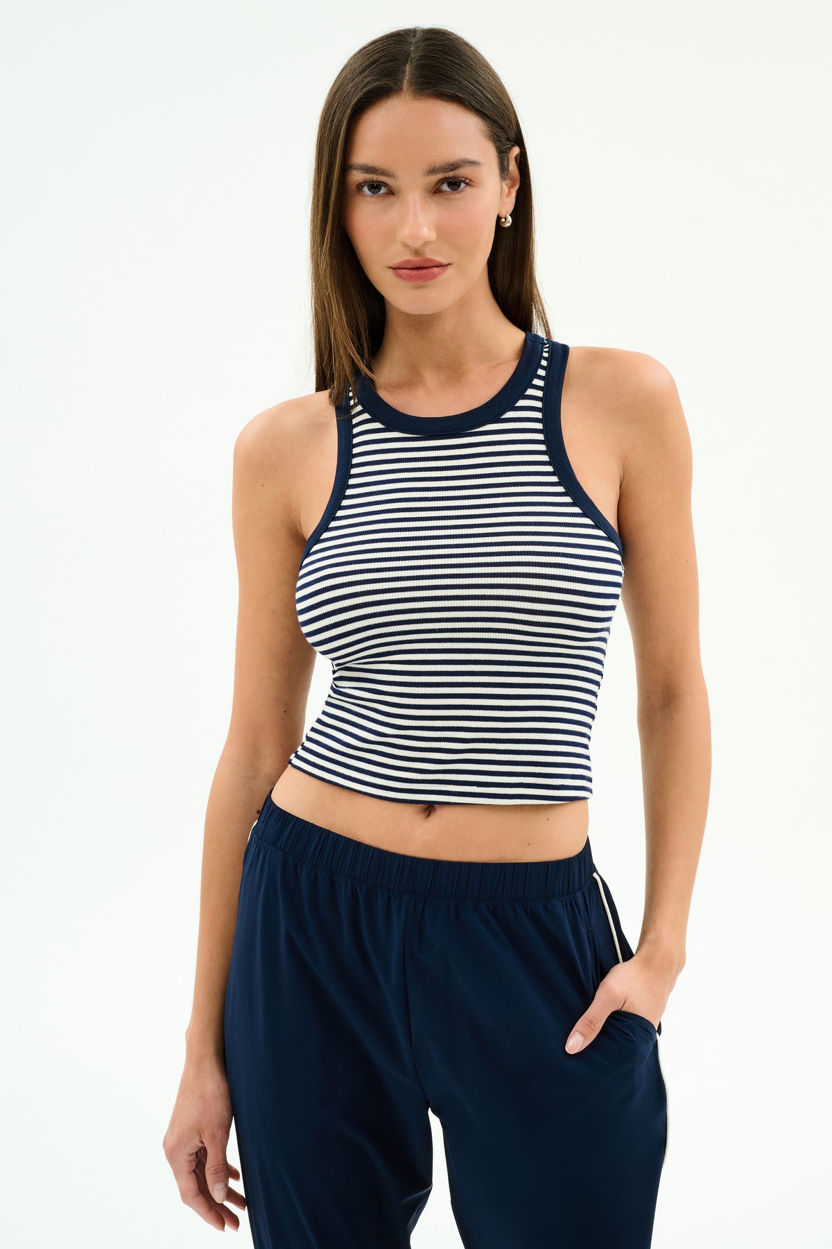 Kiki Rib Crop Tank White Indigo Stripe