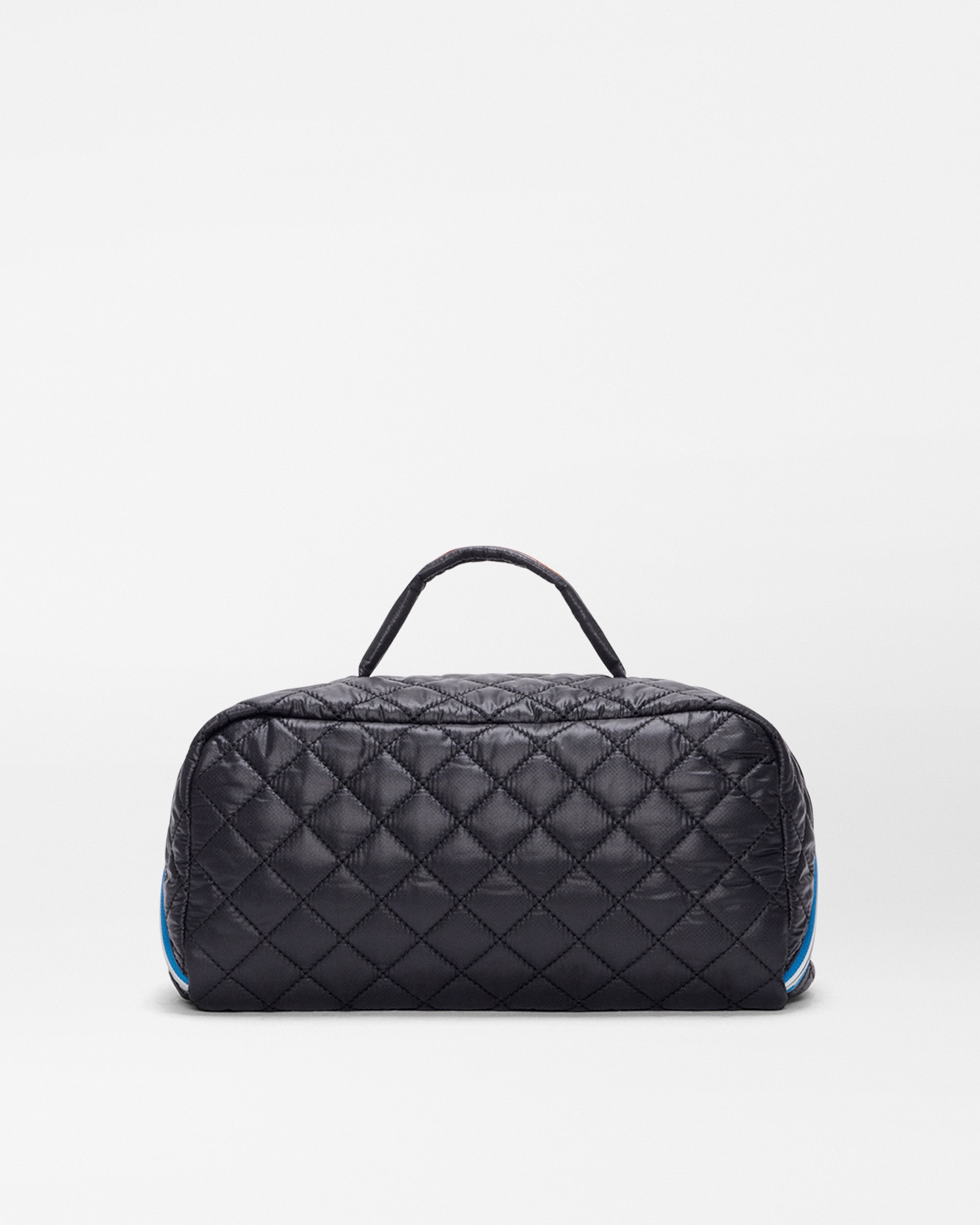 The SPLITS59 MZW x Splits59 Large Accordion Cosmetic is a black quilted travel bag with a top handle, shown against a plain white background.