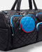 The SPLITS59 MZW x Splits59 Duffle is a black quilted bag with blue and red zipper accents, featuring a round blue quilted pouch attached to the front pocket.