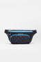 The MZW x Splits59 Small Metro Sling by SPLITS59 is a black quilted belt bag featuring two zippered compartments, blue trim, and "MZ WALLACE" on the front pocket.