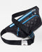 The SPLITS59 MZW x Splits59 Small Metro Sling features a black quilted design, blue zipper accents, an adjustable black strap with blue stripes, and silver hardware, shown against a white background.