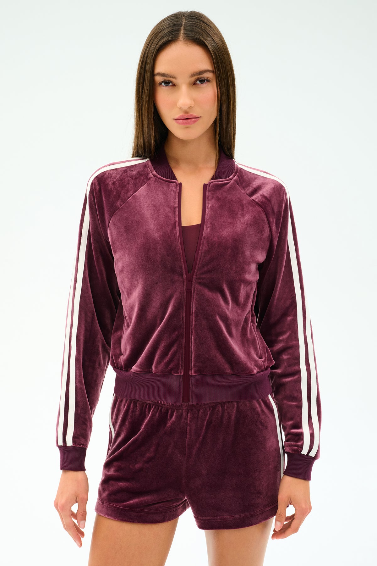 Heritage Velour Bomber Dark Cherry White