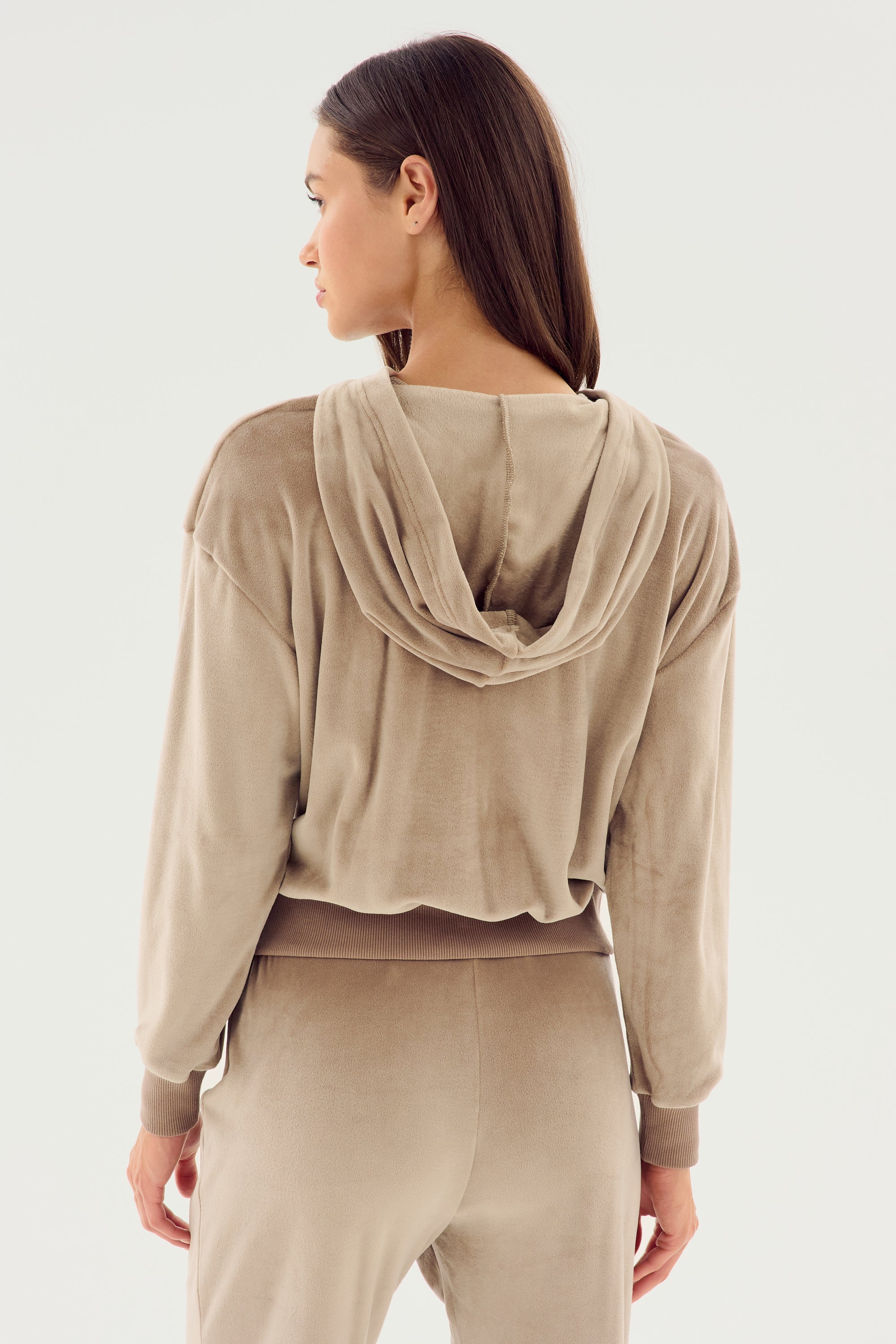 Rhys Velour Zip Up Hoodie - Latte