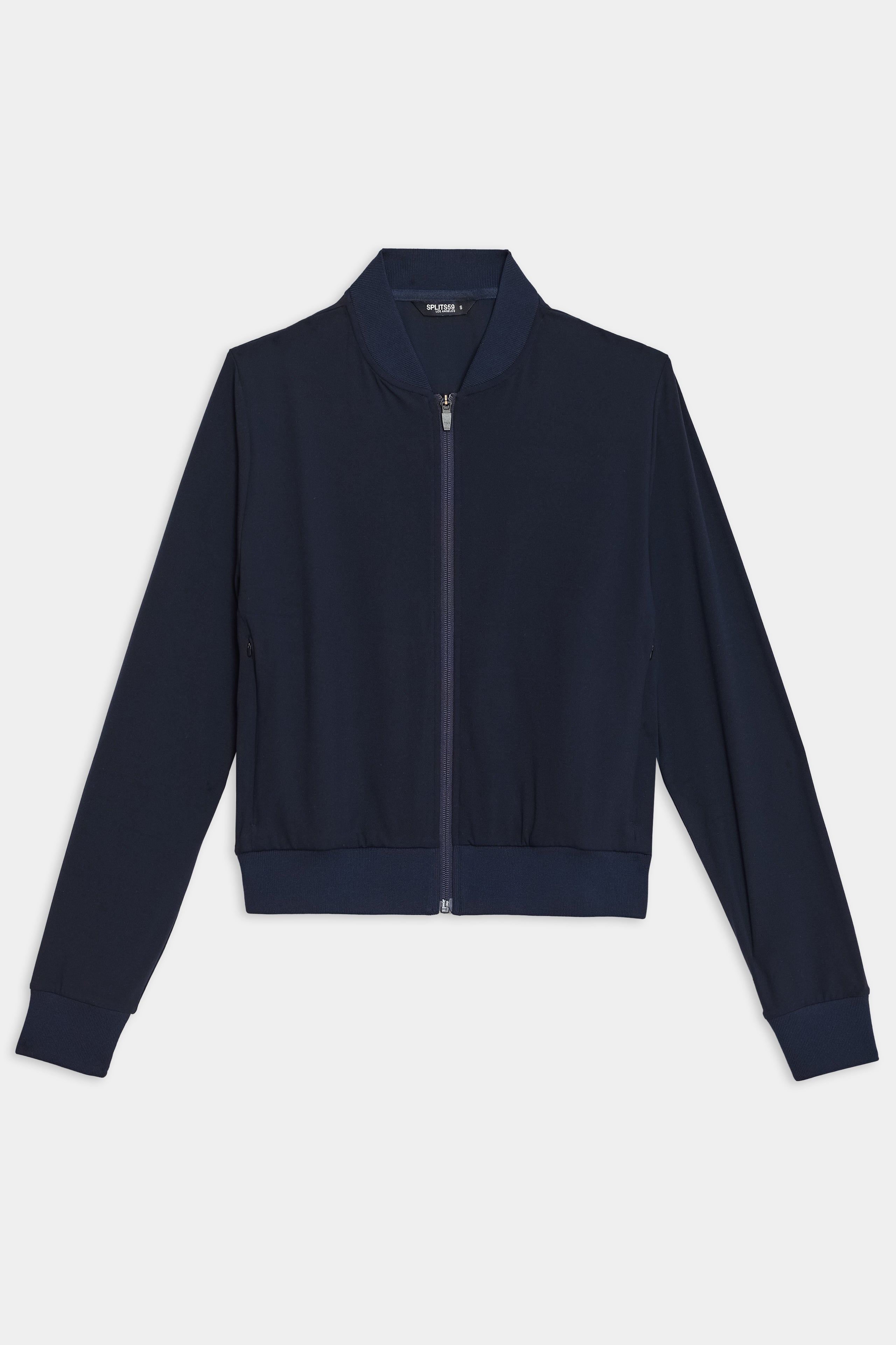 The SPLITS59 Airweight Bomber Jacket in Indigo features a ribbed collar and cuffs, showcased against a plain white background.