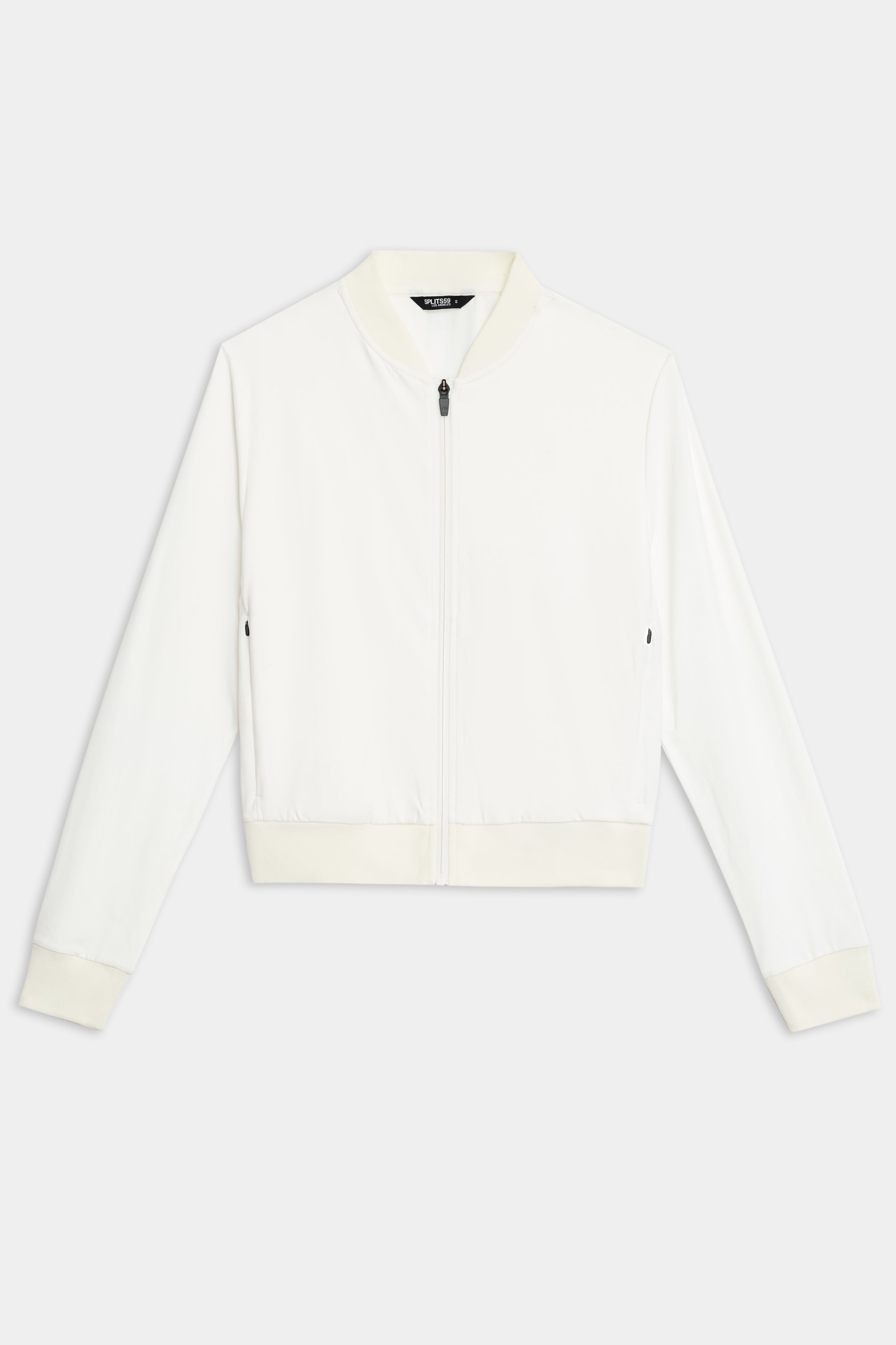 The Airweight Bomber Jacket in white by SPLITS59 features a front zipper and ribbed cuffs, set against a plain background.