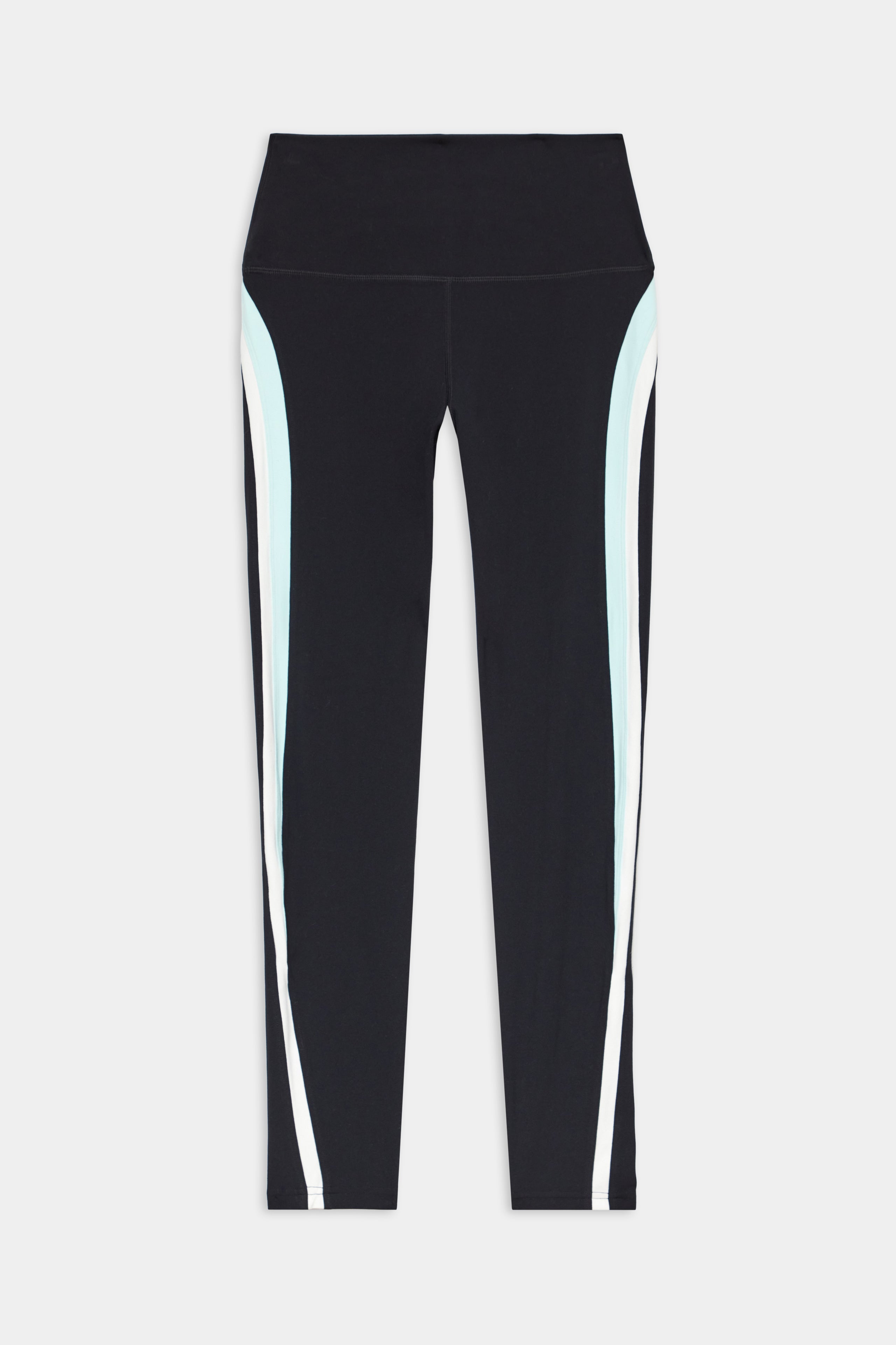 The SPLITS59 Emerson Airweight High Waist leggings in Black/Ice feature light blue and white curved side stripes, ideal for hot yoga or Pilates, shown here flat on a white background.