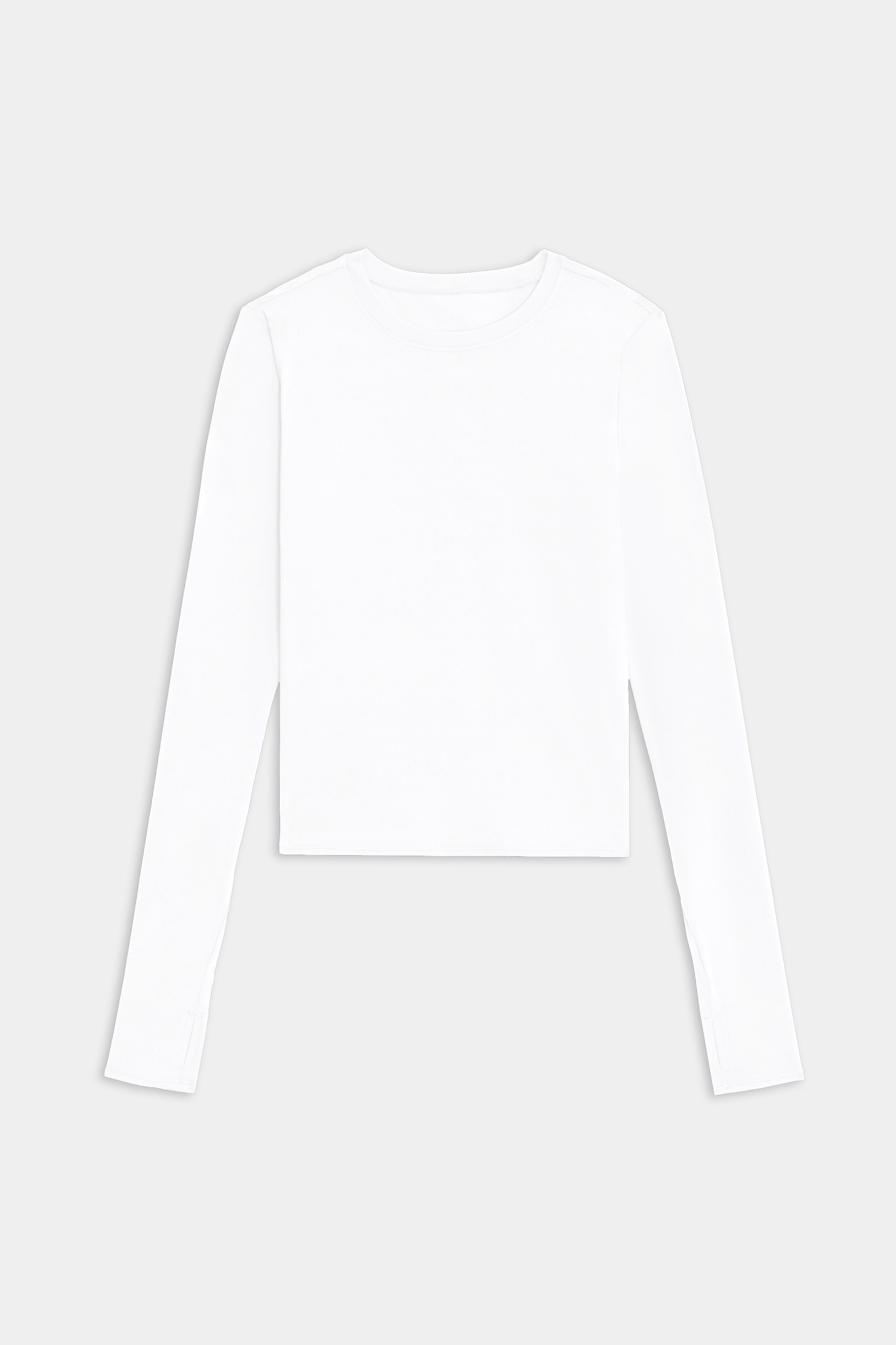 The SPLITS59 Airweight Lite Long Sleeve Waist Length tee in white is a lightweight, crew neck top, laid flat on a white background—ideal for gym workouts and quick-dry comfort.