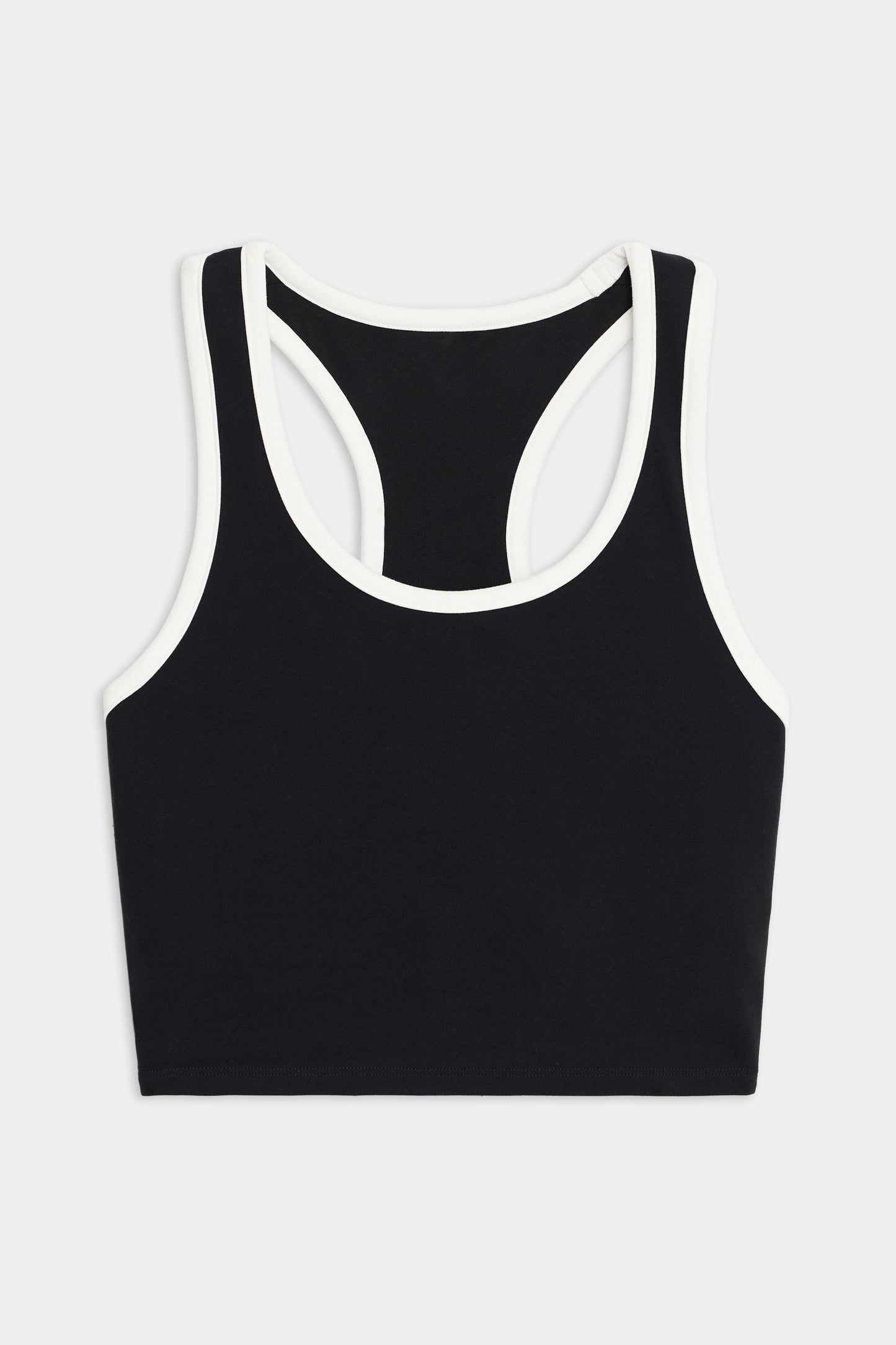 The SPLITS59 Amber Airweight Bralette is a black sports bra with white trim and a racerback design, shown on a plain white background.