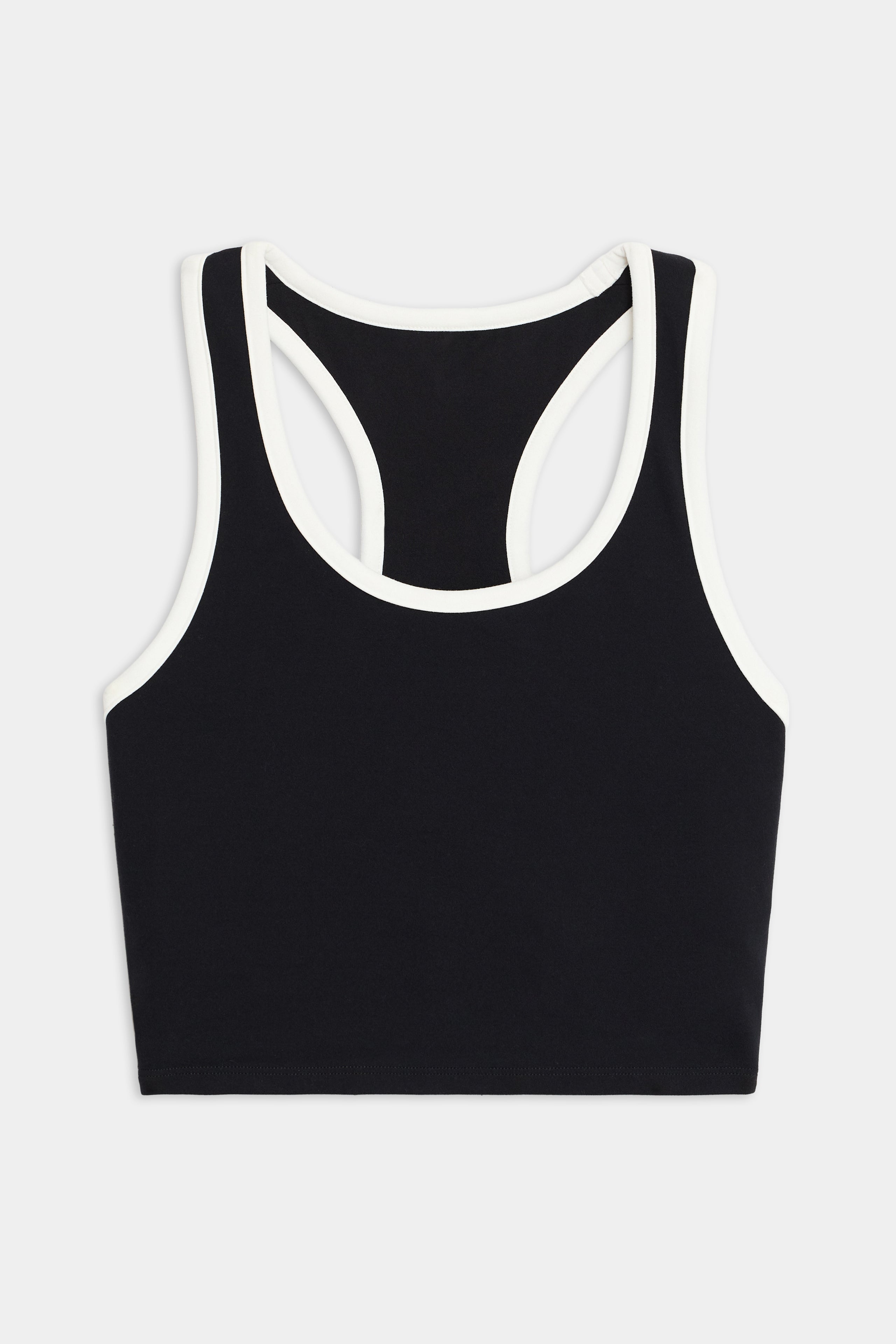 The SPLITS59 Amber Airweight Bralette is a black sports bra with white trim and a racerback design, shown on a plain white background.