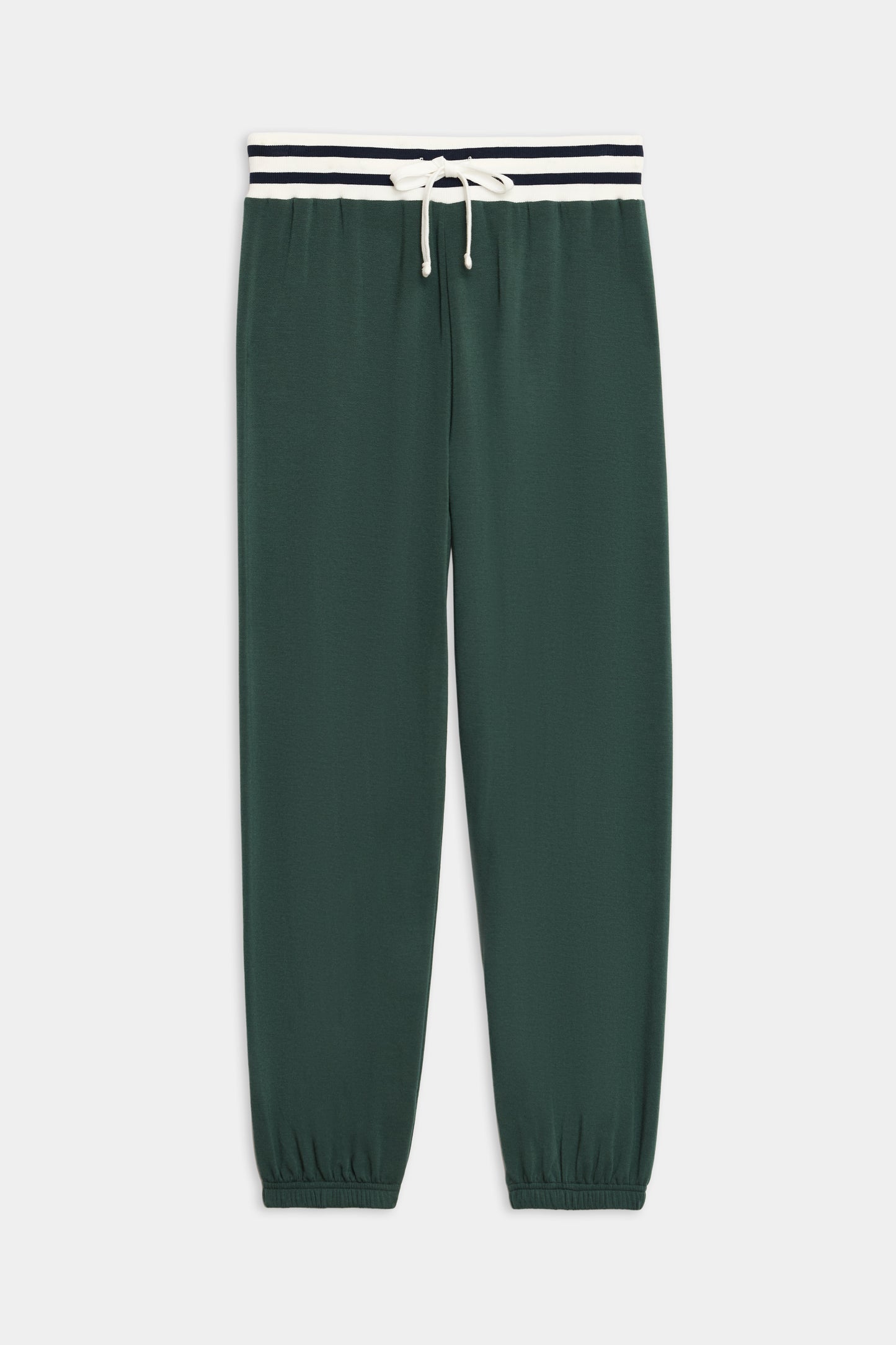 The SPLITS59 Andie Oversized Fleece Sweatpant W/ Stripe features a dark green color with elastic cuffs and a white and black striped drawstring waistband, shown on a plain white background.