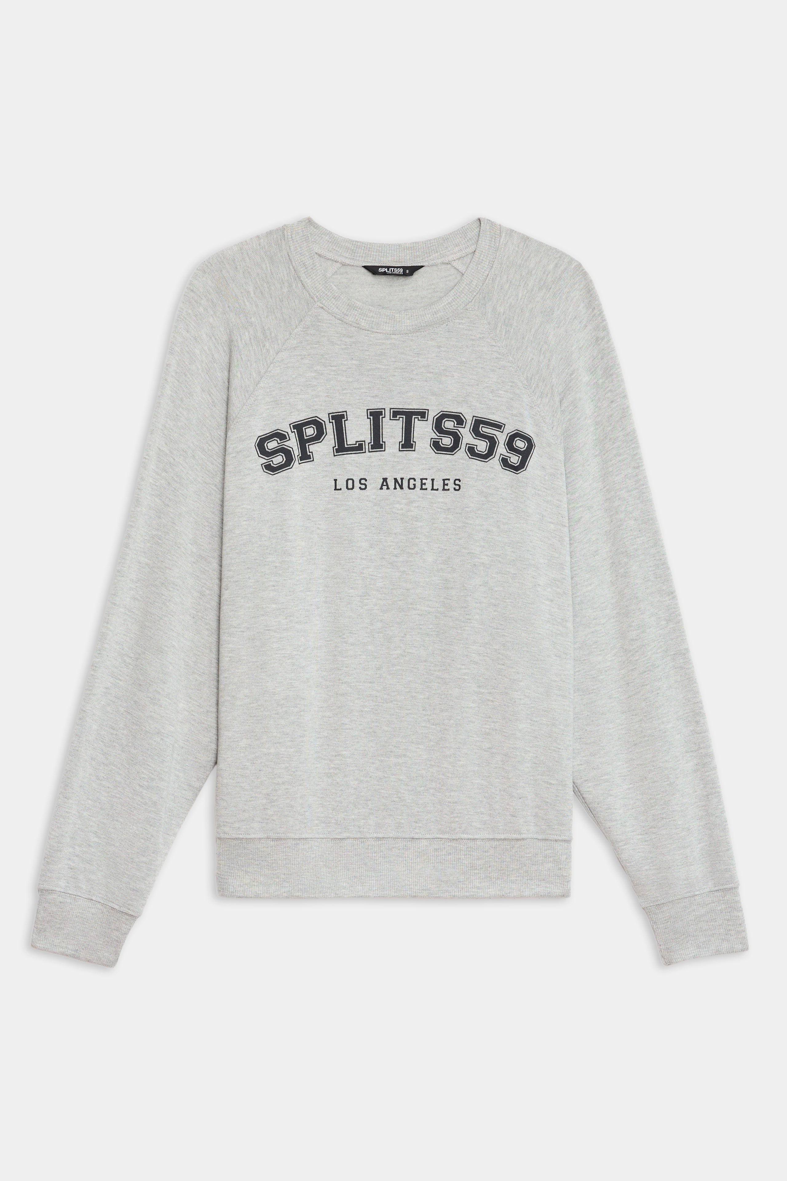The SPLITS59 Andie Oversized Fleece Varsity Graphic Sweatshirt in Heather Grey features "SPLITS59 LOS ANGELES" printed on the front, with long sleeves and ribbed cuffs. Made in Los Angeles for a classic, cozy look.