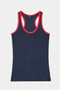 The SPLITS59 Ashby Rib Tank in Indigo/Pirate Red features a navy blue ribbed design with red trim at the neckline and armholes, ideal for yoga or gym sessions, shown flat on a white background.