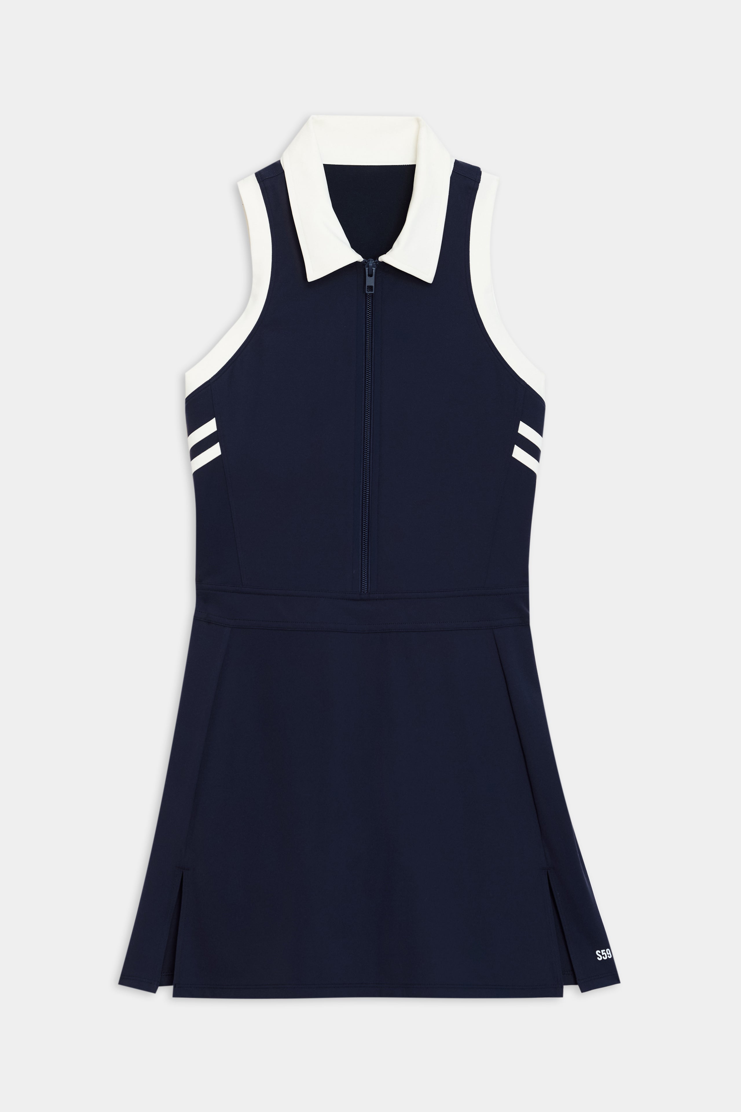 The Austin Rigor Dress by SPLITS59 is a sleeveless navy blue dress with white shoulder stripes, a white collar, a front zipper, and a flared skirt with side slits.