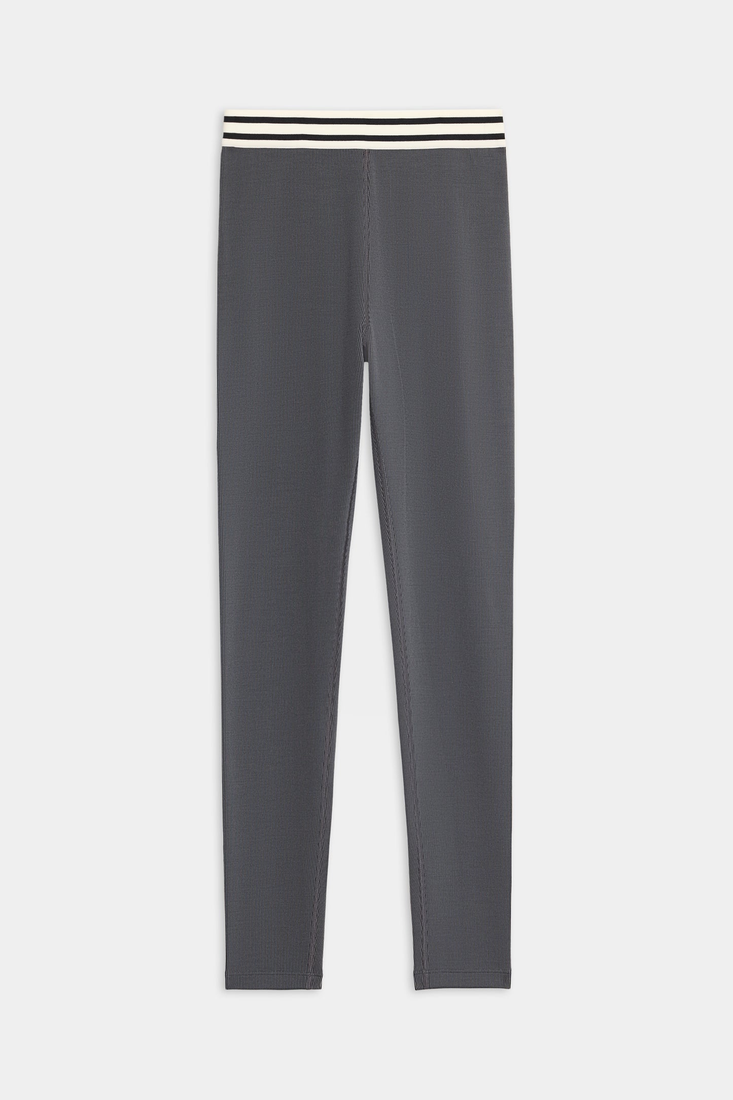 The SPLITS59 Bailey Active Rib High Waist 7/8 leggings feature a slim fit in gray with a white and black striped elastic waistband, shown flat against a white background.
