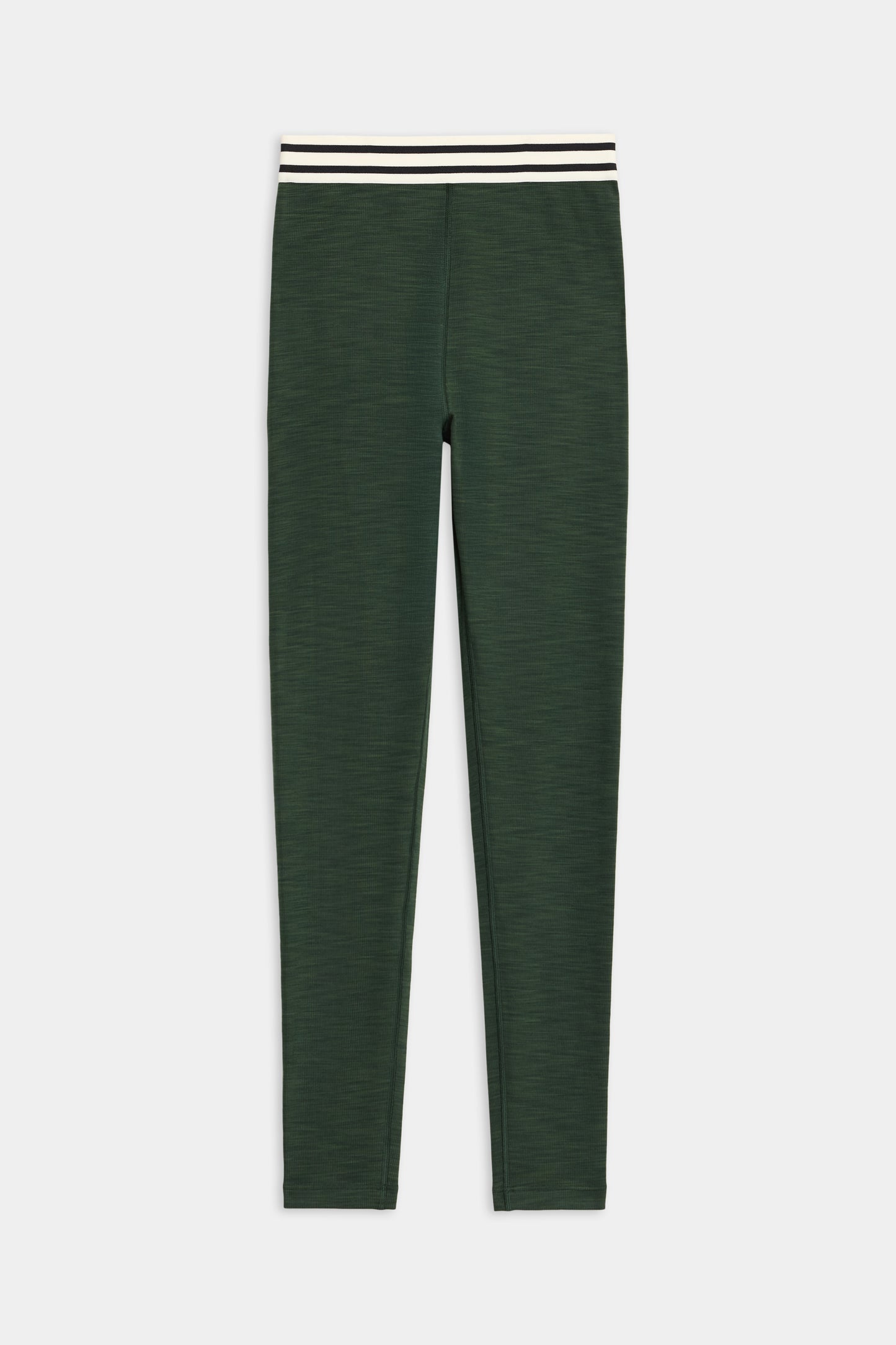 The Bailey Active Rib High Waist 7/8 leggings in Heather Military by SPLITS59 feature a dark green straight fit and a white and black striped elastic waistband, shown on a plain background.