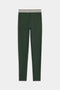 The Bailey Active Rib High Waist 7/8 leggings in Heather Military by SPLITS59 feature a dark green straight fit and a white and black striped elastic waistband, shown on a plain background.