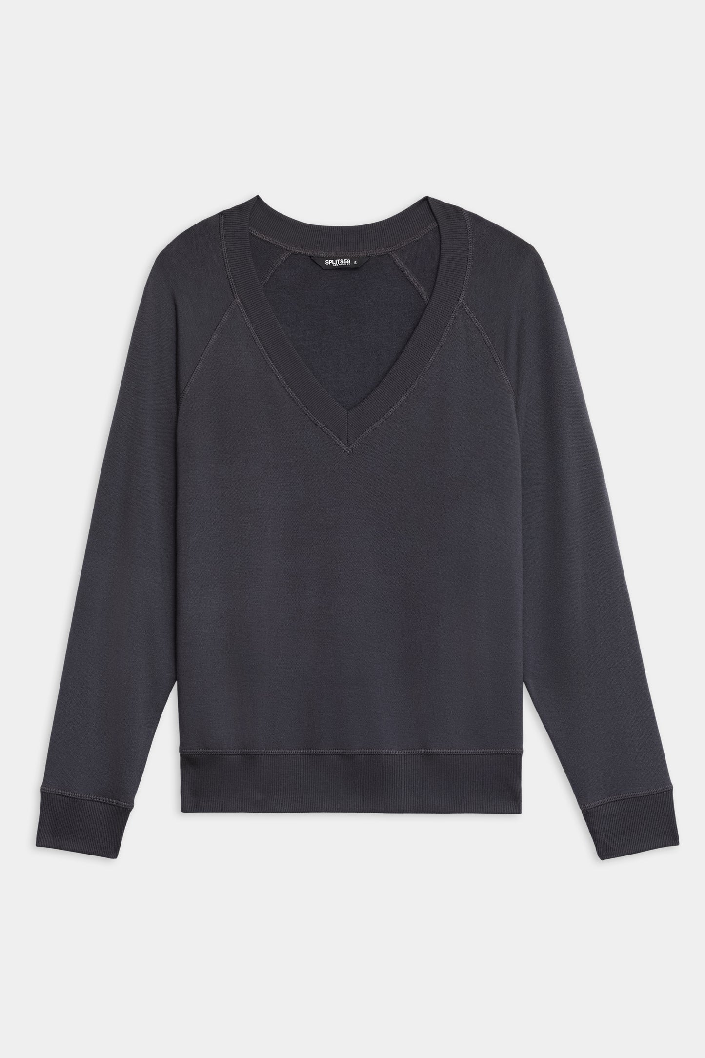The SPLITS59 Bennie Fleece V-Neck Sweatshirt in black features long sleeves, ribbed cuffs and hem, and is displayed laid flat on a white background.