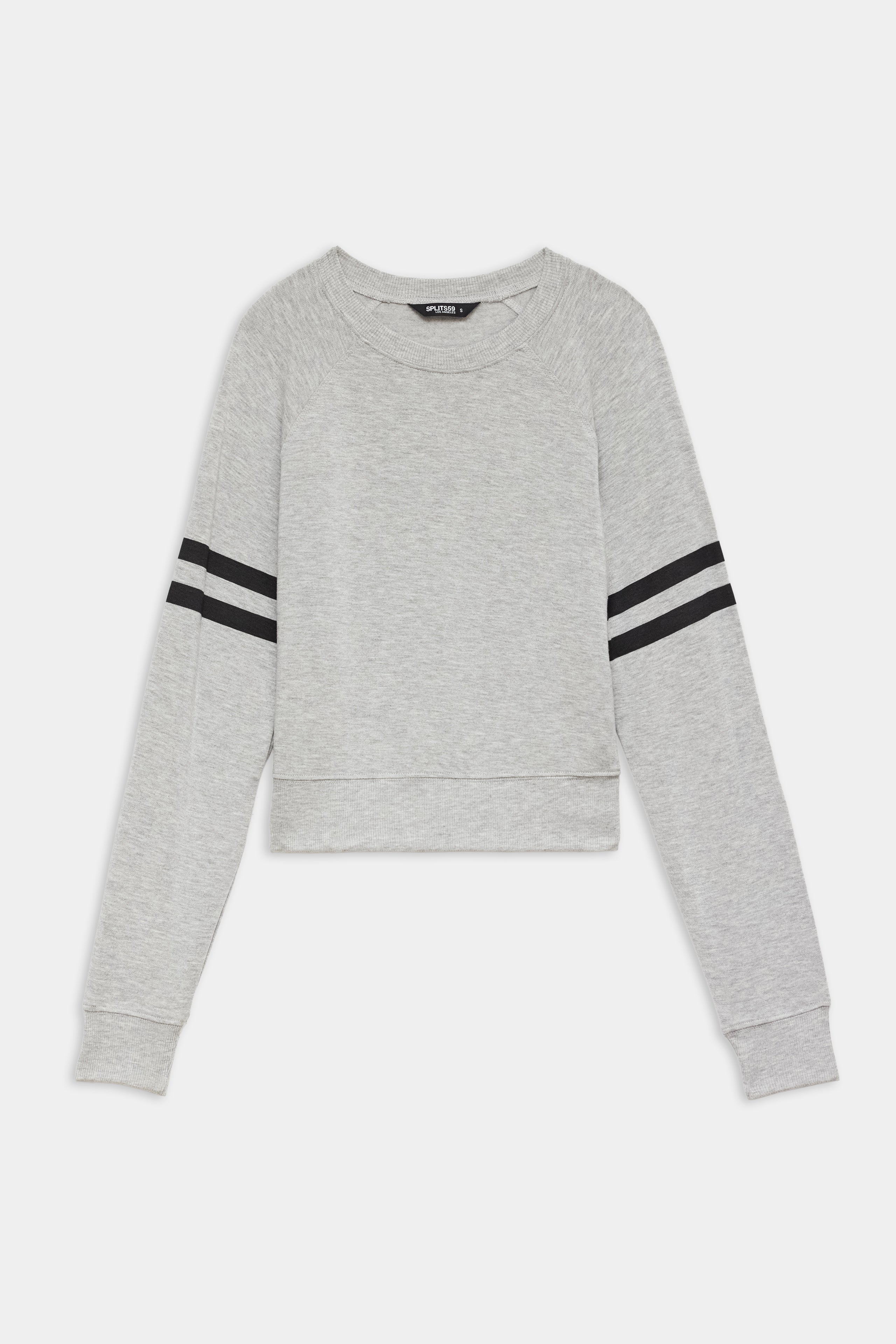 Light gray long-sleeve sweatshirt with two black stripes on each sleeve, a crew neckline, and ribbed cuffs.