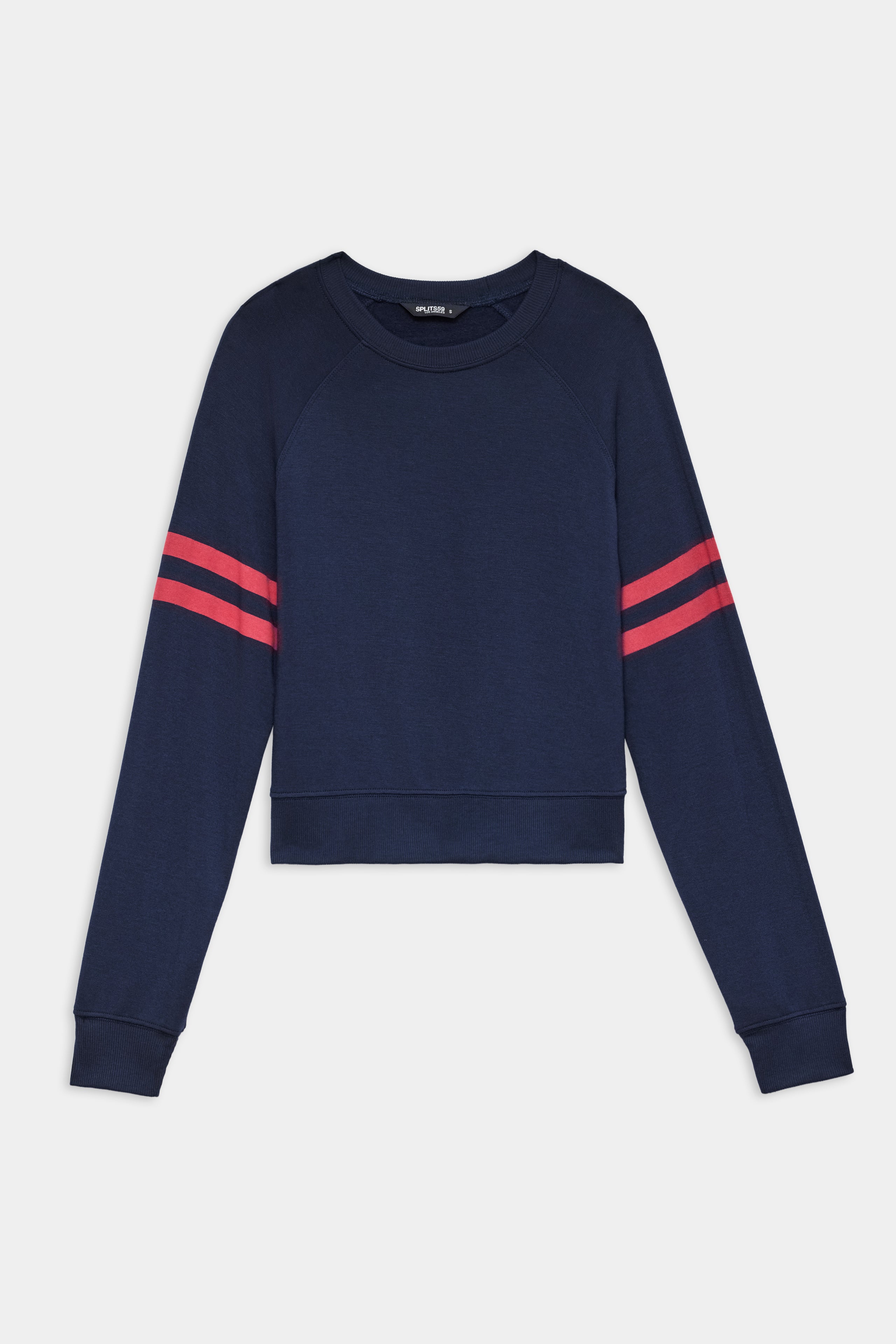 Navy blue long-sleeve sweatshirt with two horizontal red stripes on each sleeve, crew neckline, and cuffed wrists.