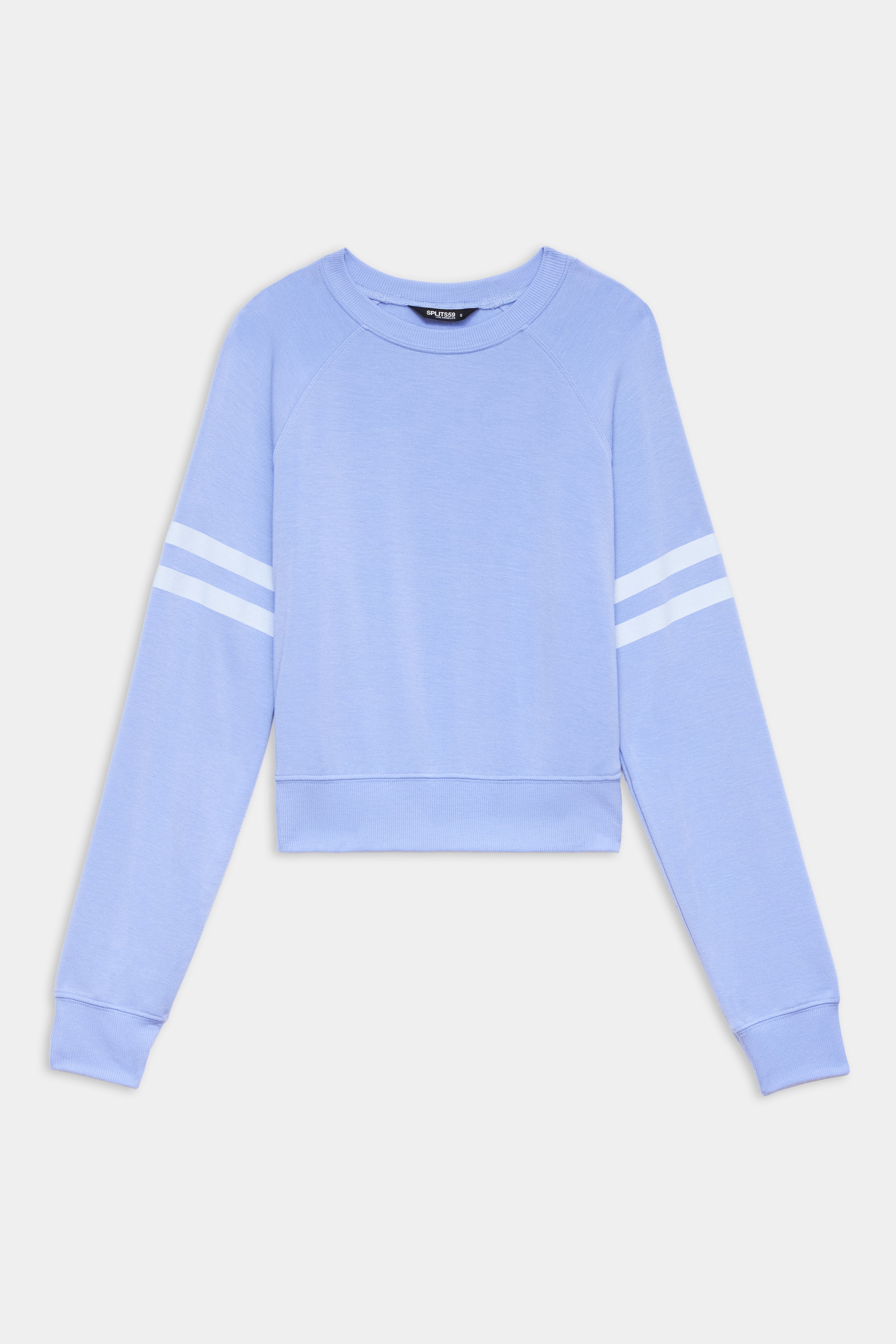 Light blue long-sleeve sweatshirt with two white stripes on each sleeve, crew neck, and ribbed cuffs and hem, laid flat on a white background.