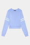 Light blue long-sleeve sweatshirt with two white stripes on each sleeve, crew neck, and ribbed cuffs and hem, laid flat on a white background.