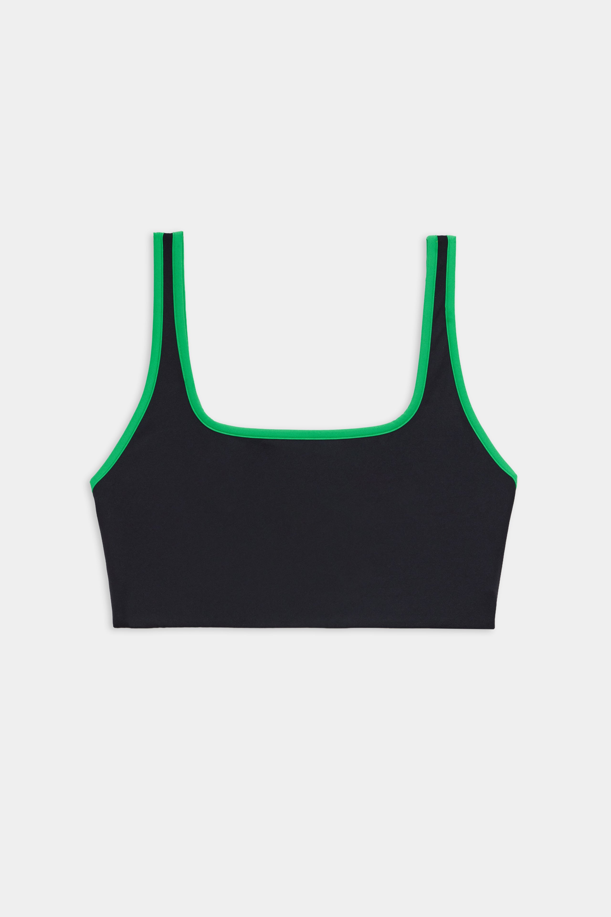 The SPLITS59 Cait Rigor Bra in Black/Grass features a square neckline and green trim, made from high performance Rigor fabric for high impact workouts. Shown on a white background.