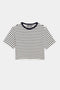 The Djuna Crop Ringer by SPLITS59 is an indigo striped, short-sleeve crop top with a black neckline, perfect for outdoor workouts, set against a plain white background.