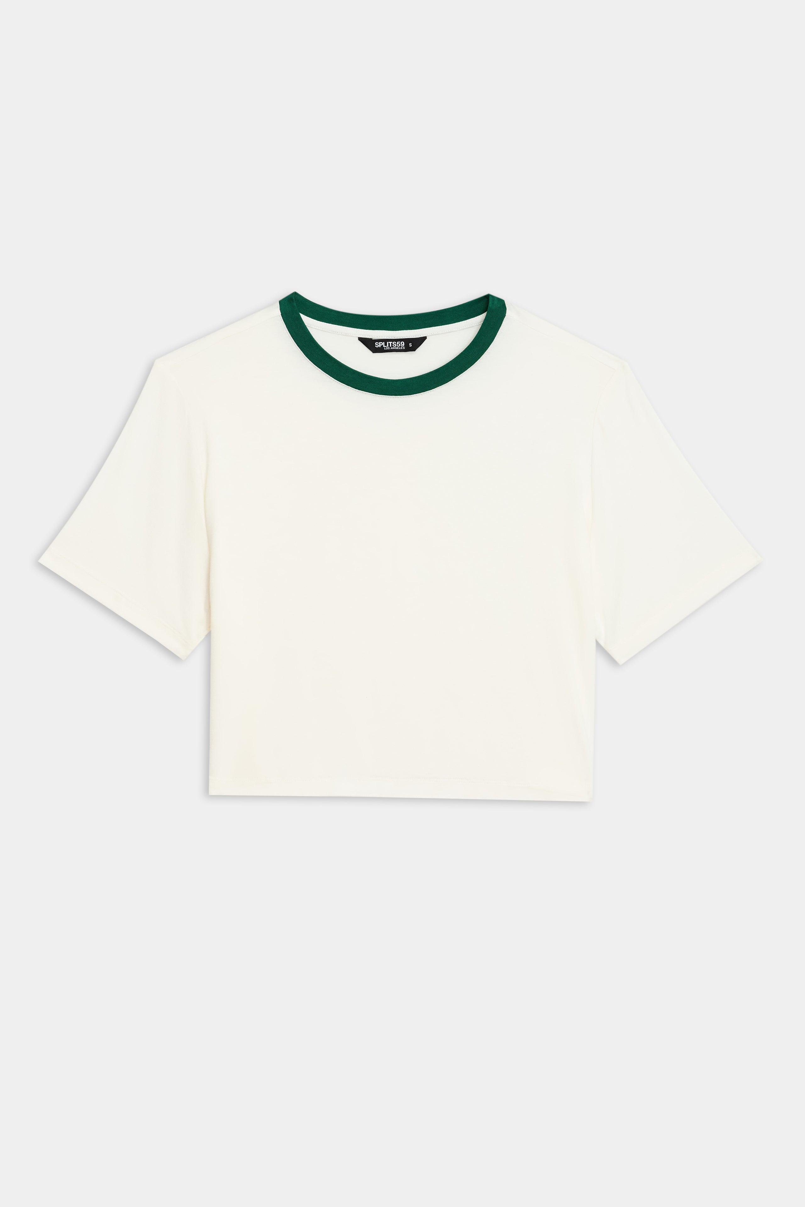 The Djuna Crop Ringer by SPLITS59 features a white cropped T-shirt with short sleeves and an arugula ribbed collar, ideal for gym workouts or running, showcased on a plain white background.