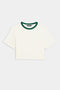 The Djuna Crop Ringer by SPLITS59 features a white cropped T-shirt with short sleeves and an arugula ribbed collar, ideal for gym workouts or running, showcased on a plain white background.