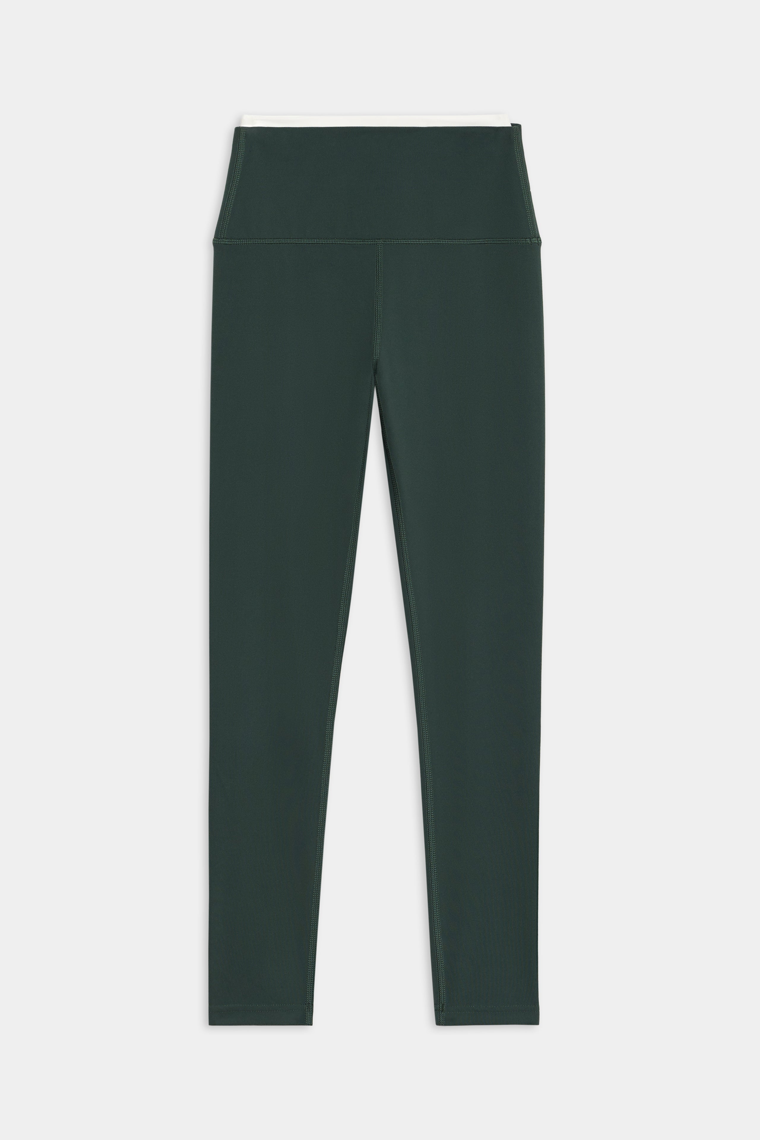 The SPLITS59 Dual High Waist Airweight 7/8 leggings in dark green are displayed full-length and laid flat on a white background.