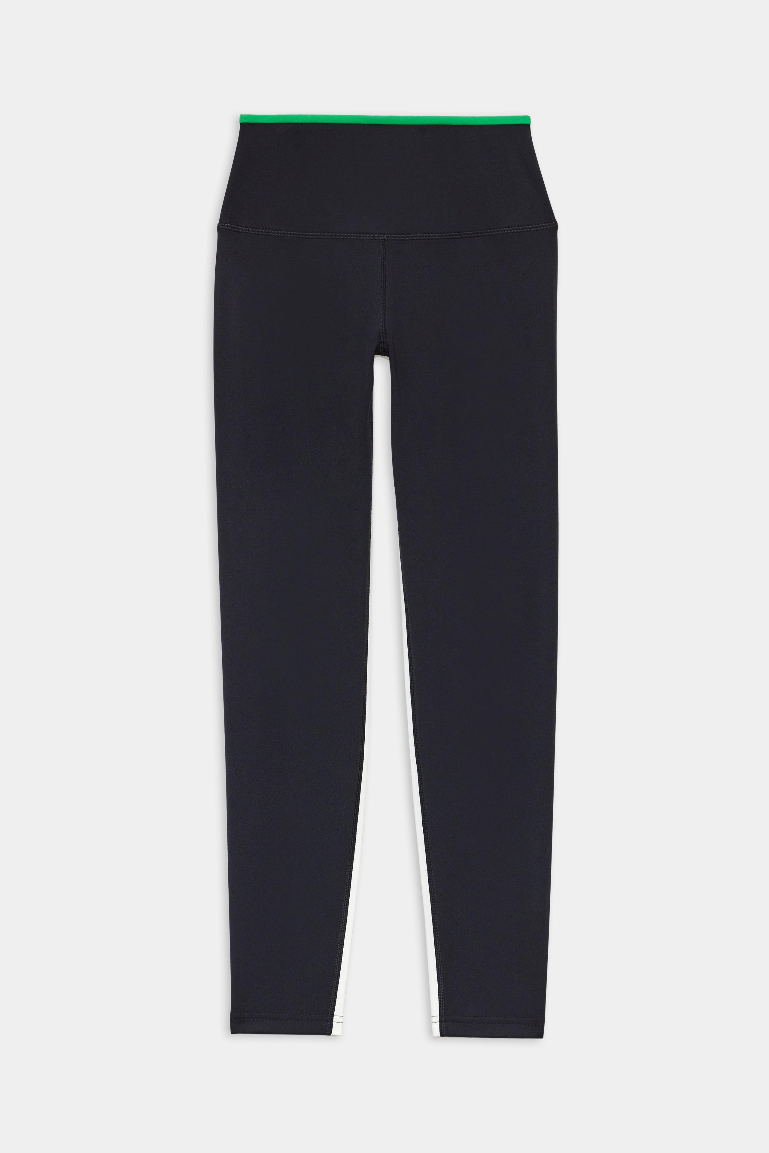 The SPLITS59 Easton Rigor High Waist 7/8 leggings in Black/Grass feature a compressive fit and green waistband, designed for workout support, shown laid flat on a white background.