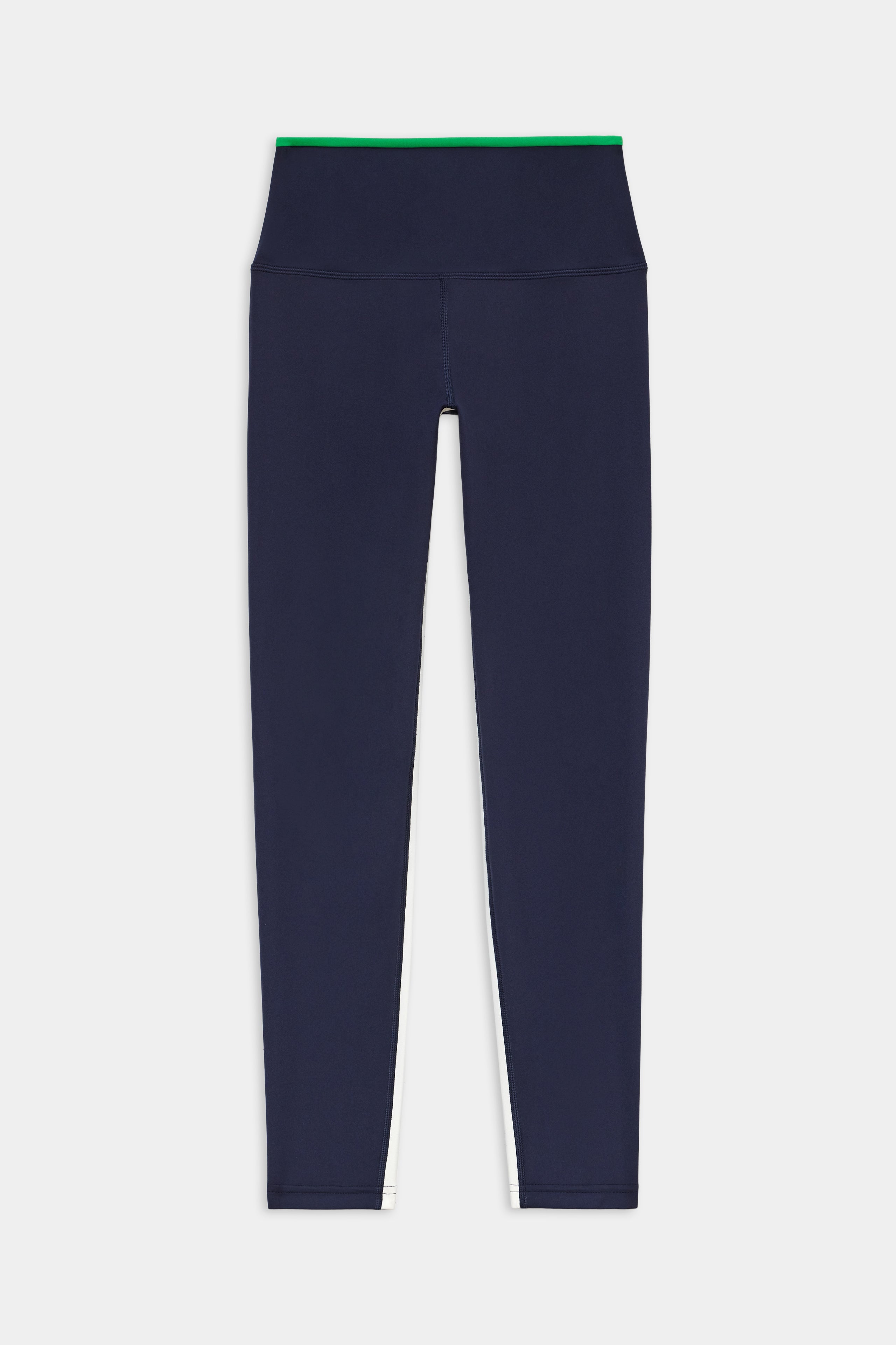 The SPLITS59 Easton Rigor High Waist 7/8 leggings in Indigo/Grass feature a green-trimmed waistband and compressive fabric for workout support, shown laid flat on a white background.