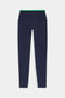 The SPLITS59 Easton Rigor High Waist 7/8 leggings in Indigo/Grass feature a green-trimmed waistband and compressive fabric for workout support, shown laid flat on a white background.