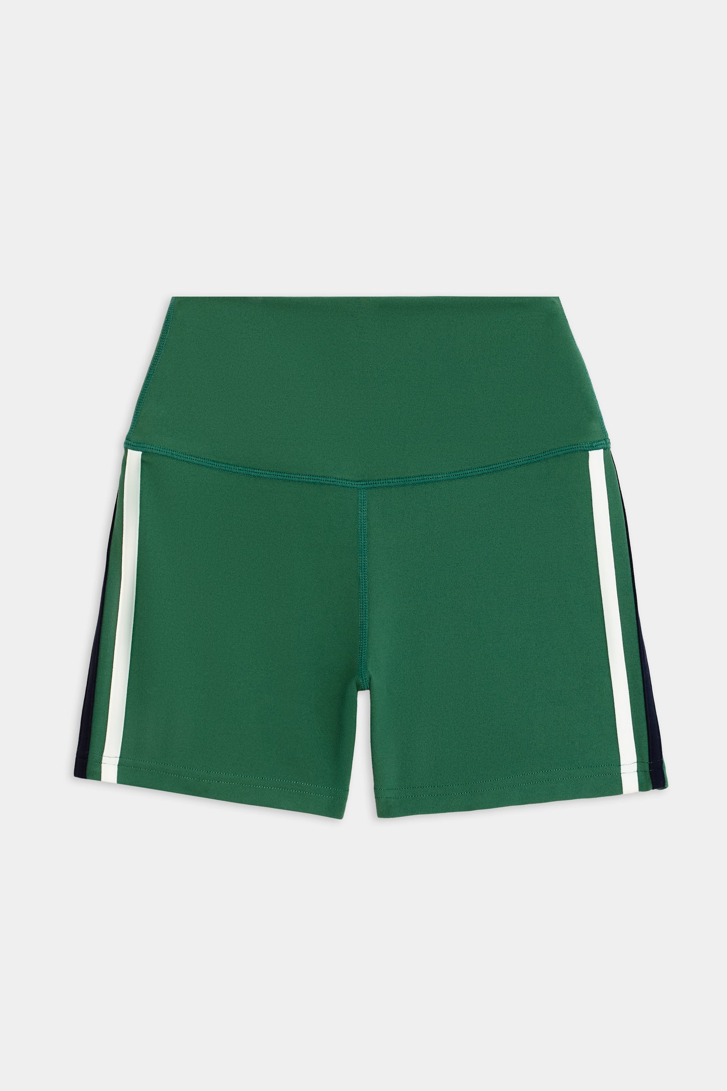 The SPLITS59 Ella Airweight High Waist Short 3.5" in Arugula/White, with white side stripes, is crafted in ultra luxe fabric and laid flat on a white background. Ideal for hot yoga sessions.