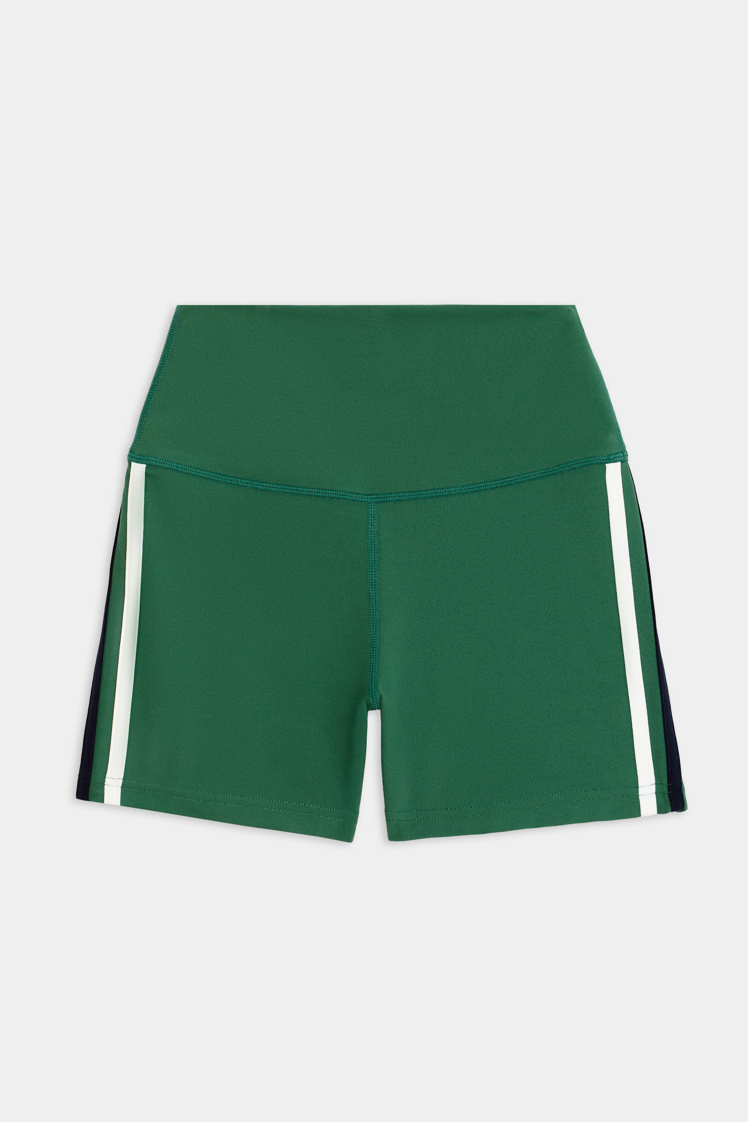 The SPLITS59 Ella Airweight High Waist Short 3.5" in Arugula/White, with white side stripes, is crafted in ultra luxe fabric and laid flat on a white background. Ideal for hot yoga sessions.