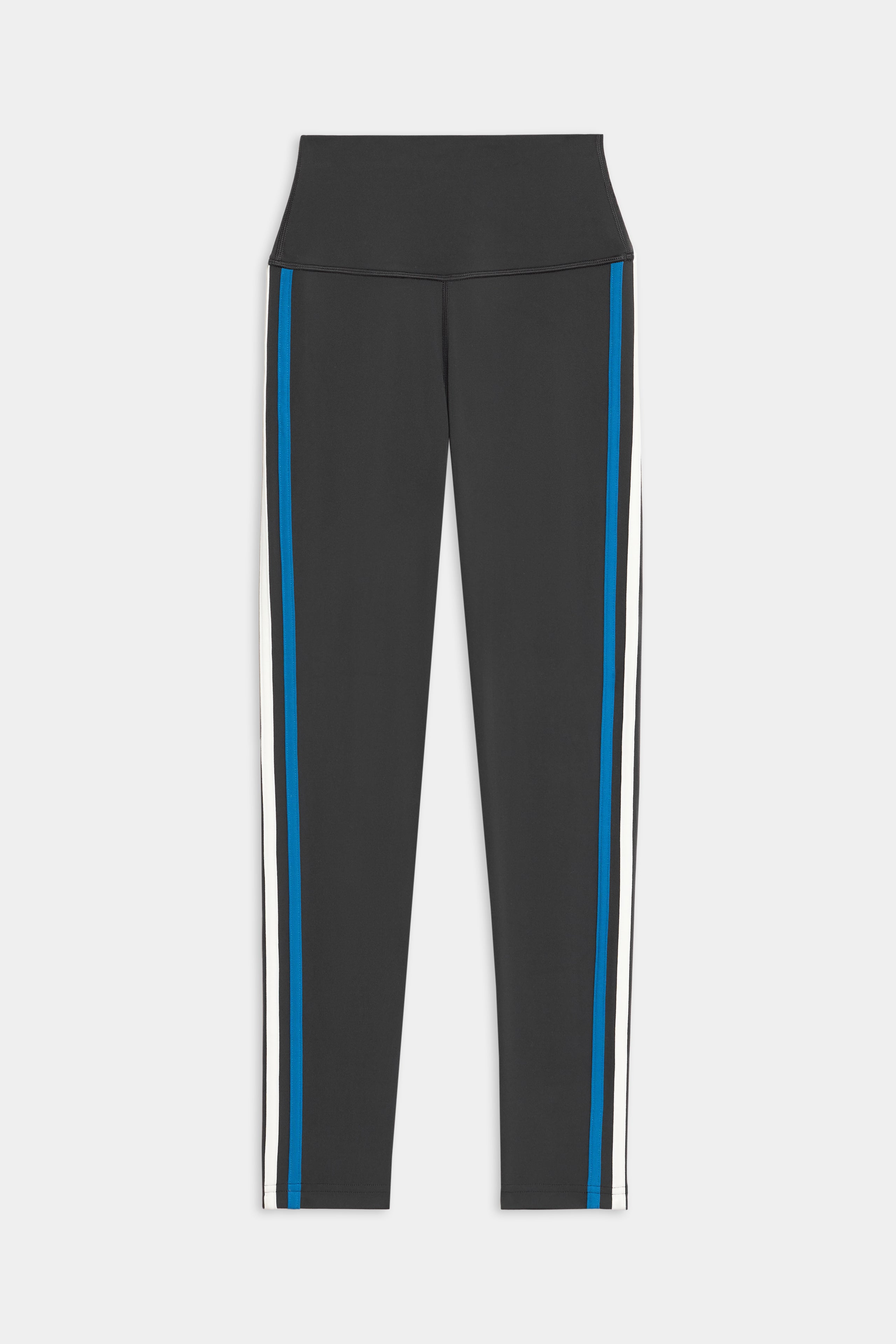 SPLITS59 Ella High Waist Airweight 7/8 leggings in Graphite/Stone Blue feature blue and white vertical side stripes, shown on a plain white background.