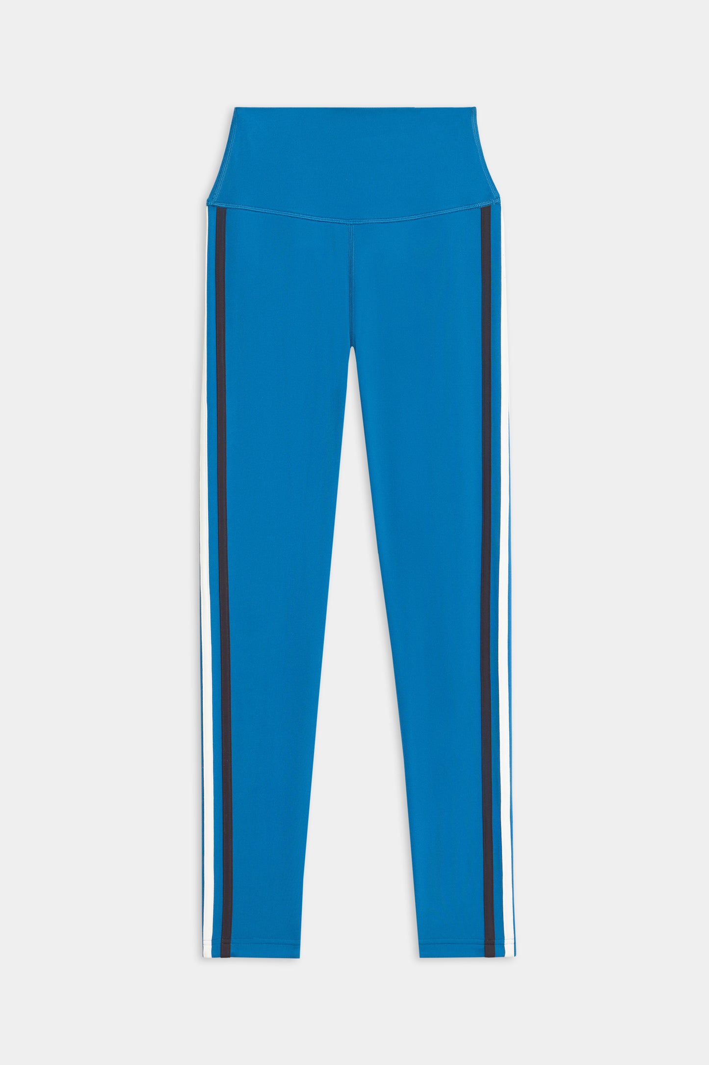 SPLITS59 Ella High Waist Airweight 7/8 leggings in Stone Blue/Graphite, featuring a high waistband and black and white vertical side stripes, displayed flat on a white background.