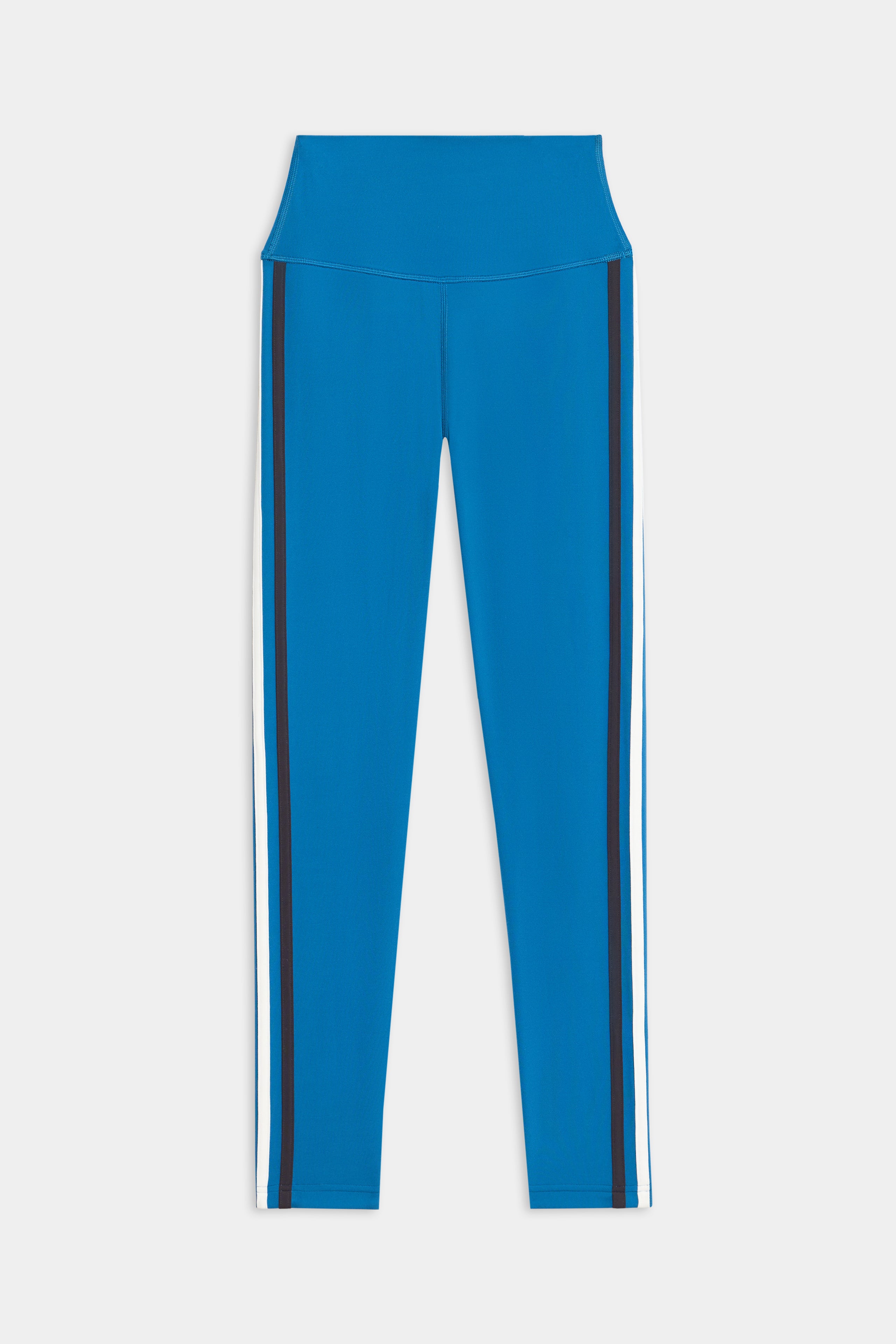 SPLITS59 Ella High Waist Airweight 7/8 leggings in Stone Blue/Graphite, featuring a high waistband and black and white vertical side stripes, displayed flat on a white background.