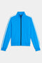 The SPLITS59 Fox Techflex Jacket is a blue zip-up track jacket with white stripes on the shoulders and sleeves, black zipper, and elastic cuffs and hem.