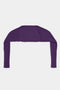 A Shiri Airweight Shrug - Black Currant from SPLITS59 with long sleeves and a cropped length, made from a blend of nylon and spandex fabric, is displayed on a plain white background.