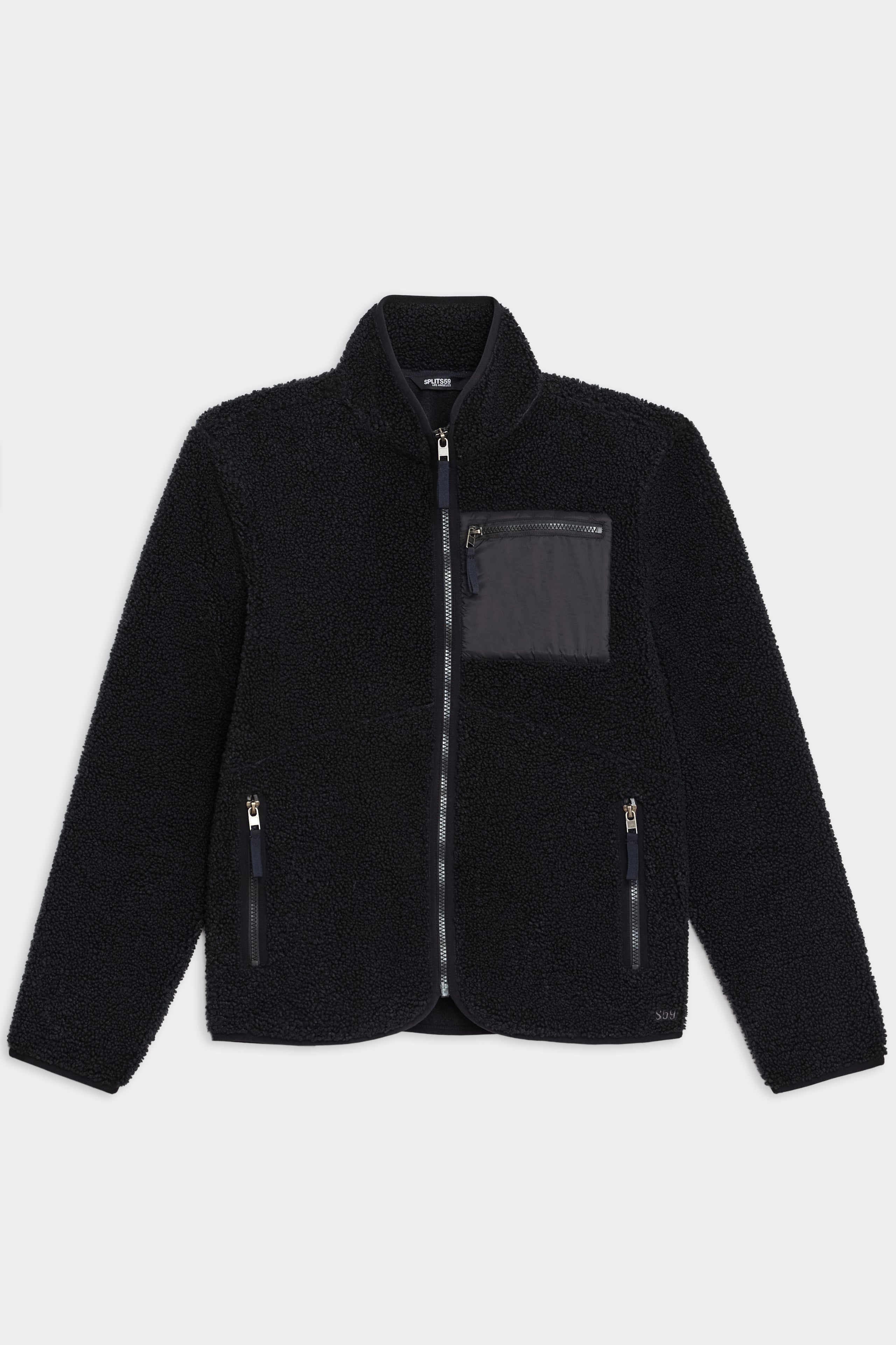 The SPLITS59 Harris Sherpa Jacket, a black zip-up fleece with stand collar, two zippered side pockets, and a gray chest pocket, is shown laid flat on a white background.