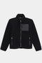 The SPLITS59 Harris Sherpa Jacket, a black zip-up fleece with stand collar, two zippered side pockets, and a gray chest pocket, is shown laid flat on a white background.