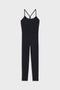 Flat view of a black jumpsuit with leggings, a white stripe along the side 