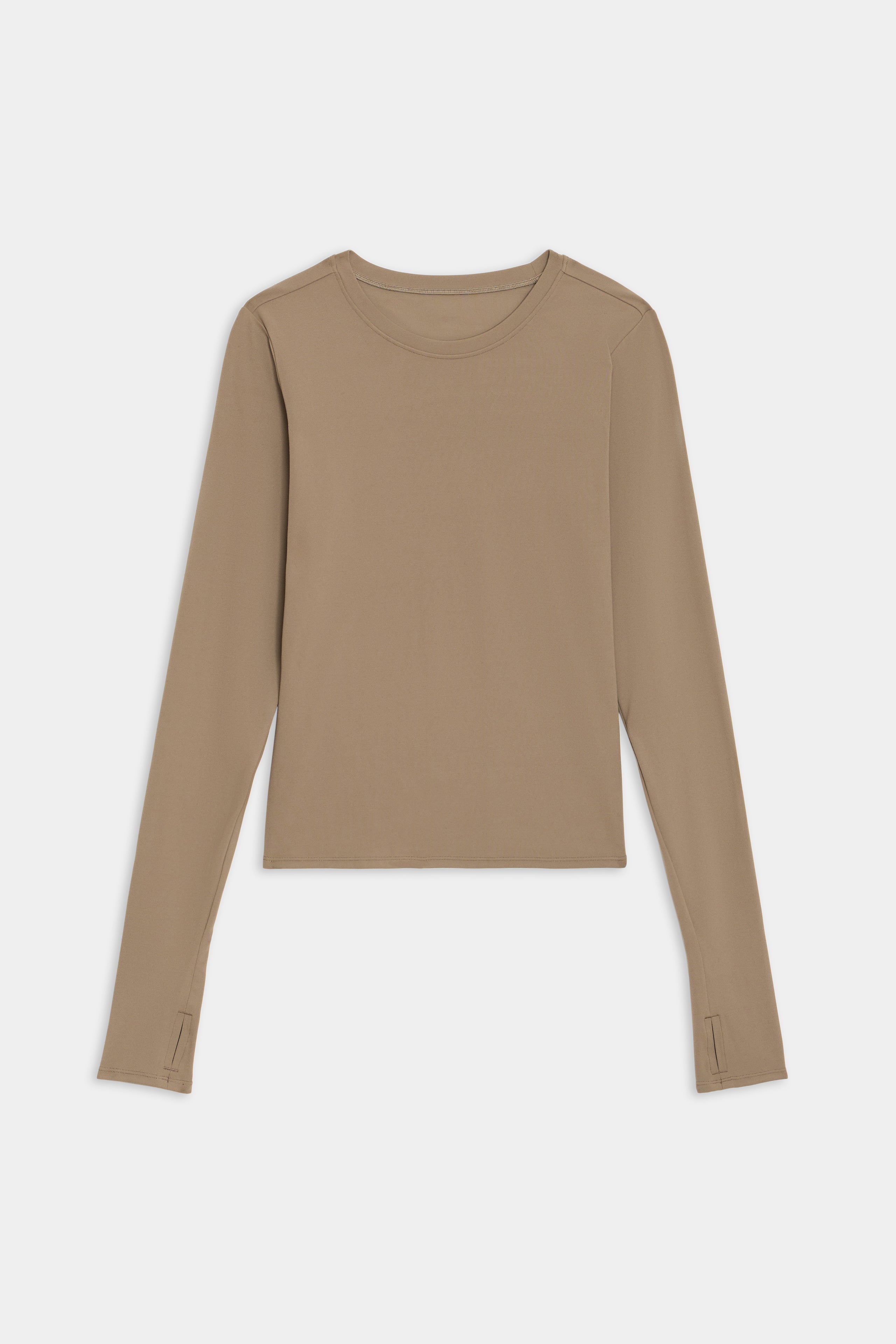 The Airweight Lite LS Waist Length tee in Lentil by SPLITS59 is a perfect lightweight long-sleeve crew-neck top for workouts, showcased on a plain white background.